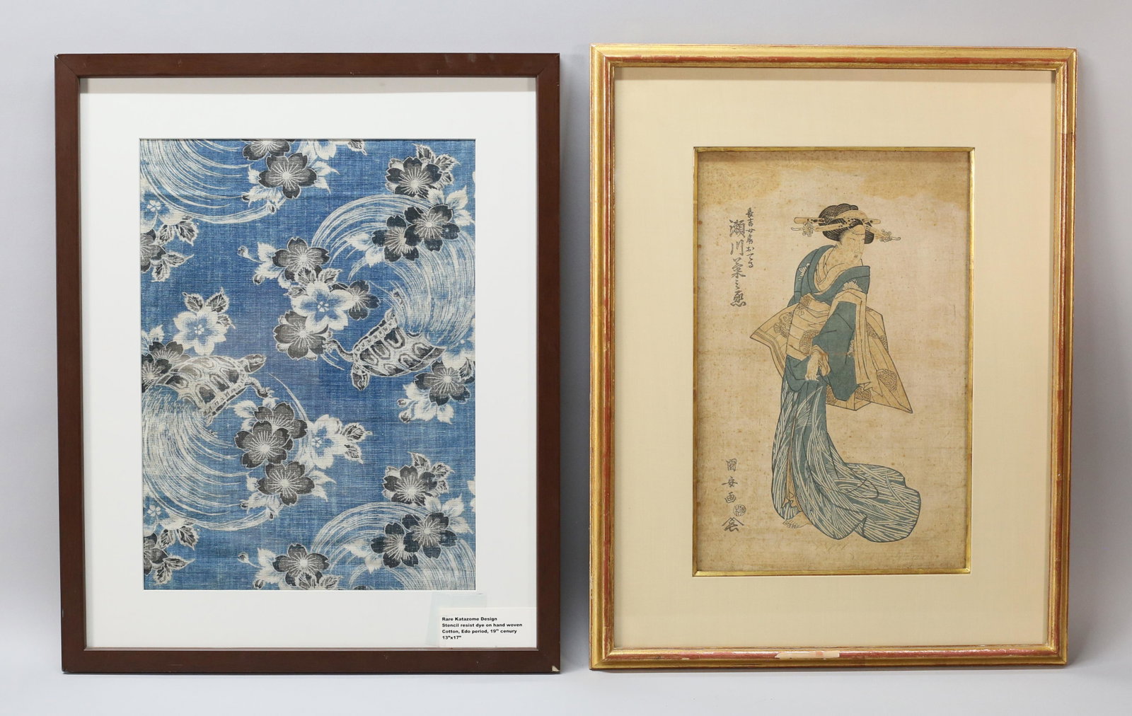Japanese Block Print & Katazome Textile: Japanese block print of a woman, 14 1/2" x 9 1/2" (with frame, 21 1/2" x 16 3/4"); framed 19th century Edo period Japanese Katazome textile. 15 1/4" x 11" (with frame 21 1/8" x 17 1/8"). Some discolor