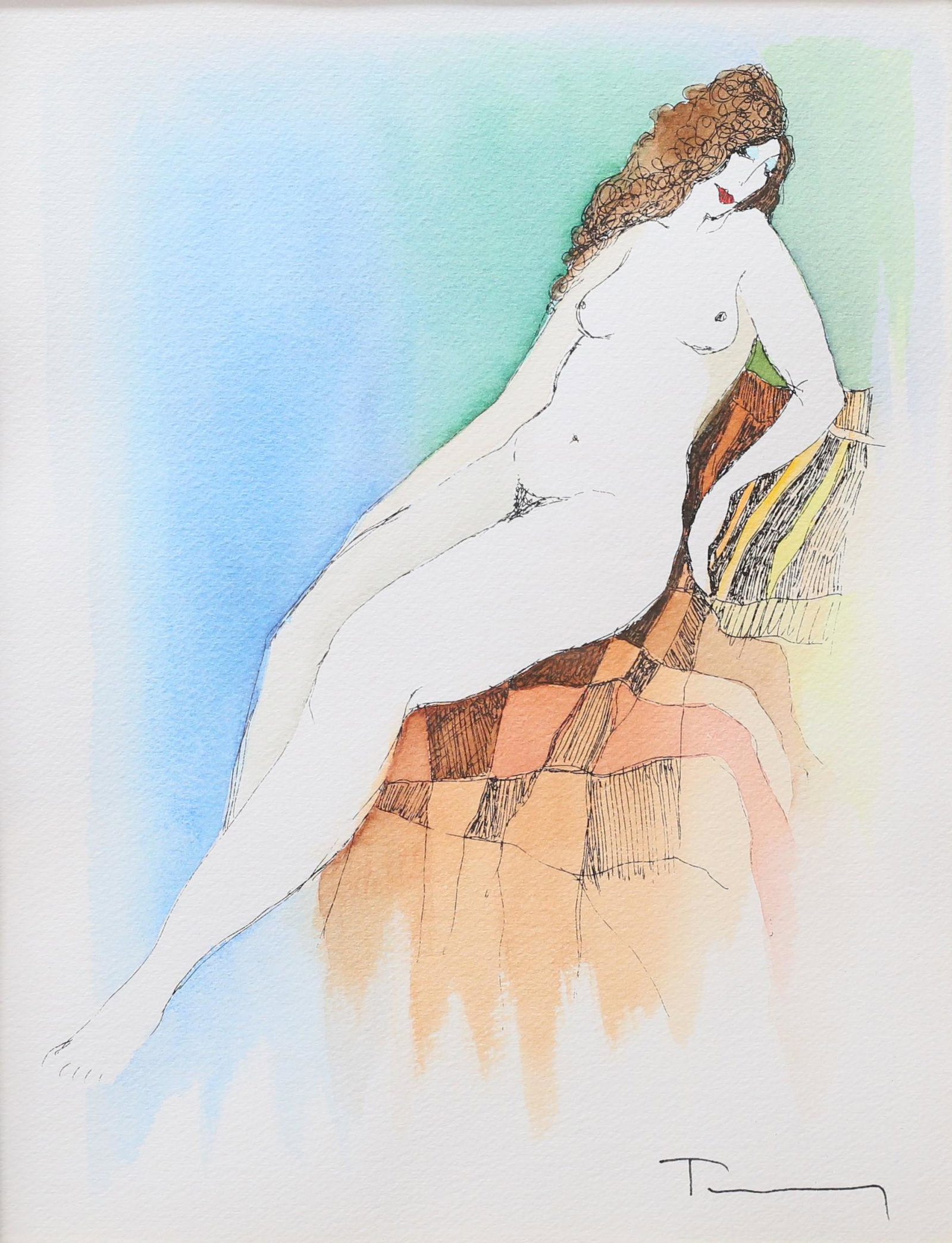 Itzchak Tarkay Serigraph With Watercolor Nude: Itzchak Tarkay (Israel, 1931-2012). Serigraph embellished with watercolor, reclining nude. Signed in the plate, lower right. 11" x 8 1/4" (with frame 23 3/4" x 21"). Waviness to paper, scratches to fr