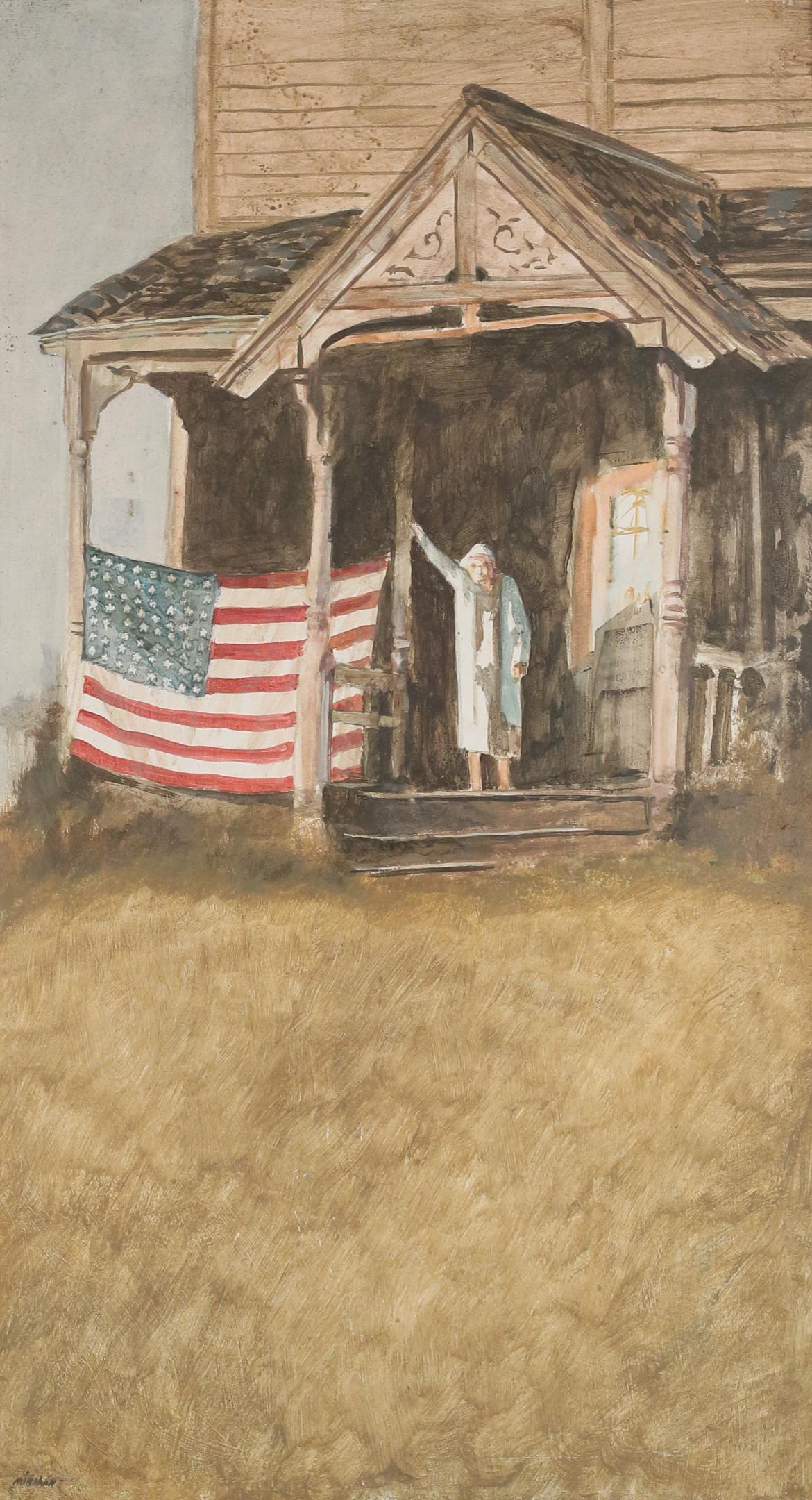 Martin Minahan Oil on Board Flag Woman: Martin Minahan (American, New Jersey, 1945-2022). Oil on Masonite Flag Woman. Signed lower left and titled on verso. 32" x 18" (with frame 40 1/2" x 26"). Painting loose in frame, some discoloration t