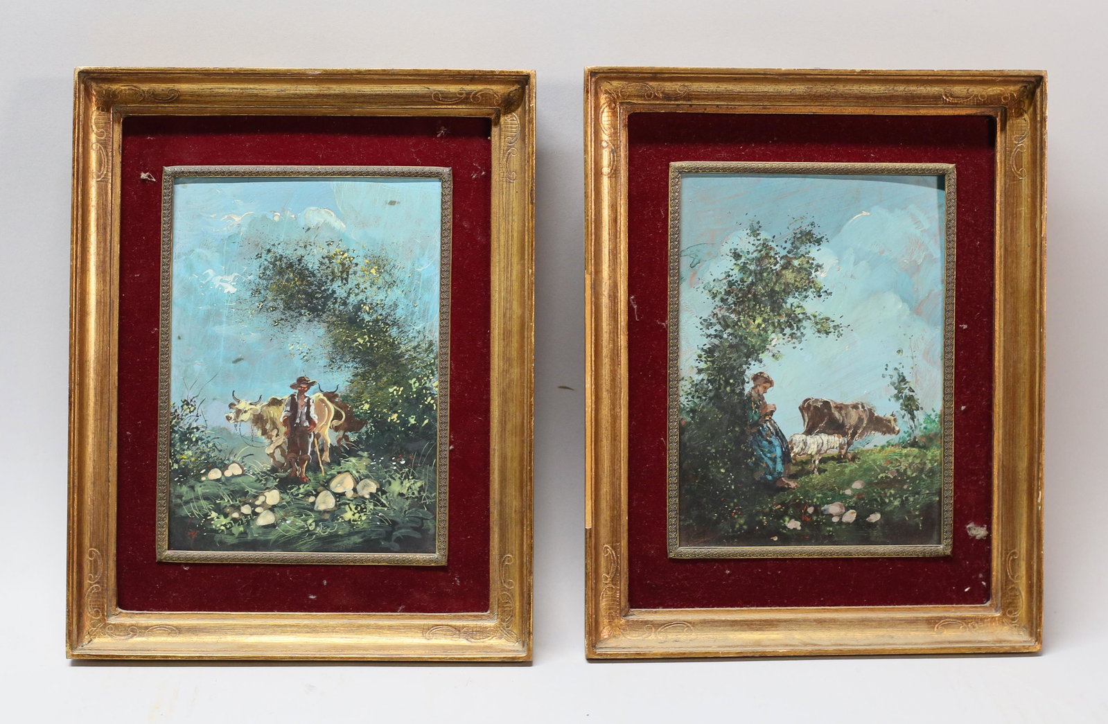 Pair of Oils on Copper Farmer & Wife: Pair of oils on copper, man and woman with cows. Both signed illegibly in red. Each 7" x 5" (with frames 10 3/4" x 8 1/2"). Paint loss and some inpainting to woman.