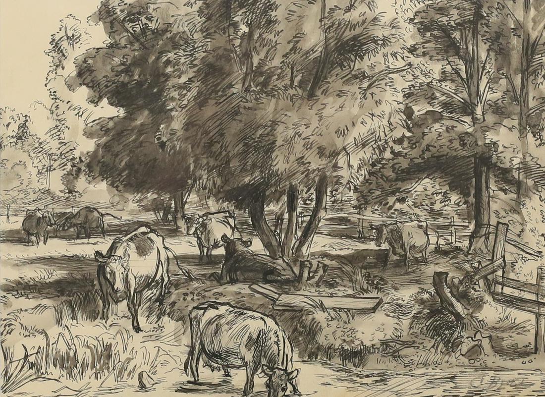 Cecil Bell Ink & Wash Cows Under Tree (1 of 6)