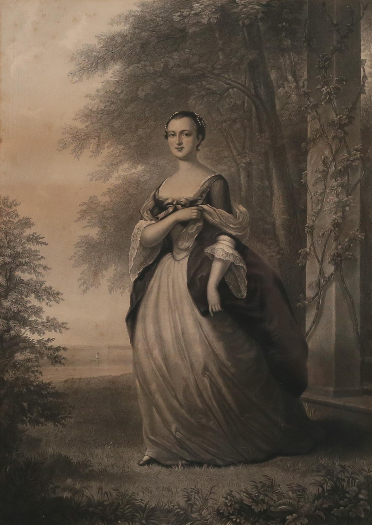 After W. Oliver Stone Martha Washington Engraving: After William Oliver Stone (American, 1830-1875), after John Wollaston Jr. (English, 1710-1775). Engraving of Martha Washington. 25 3/4" x 18 1/4" (with frame 36" x 28"). Discoloration and staining to