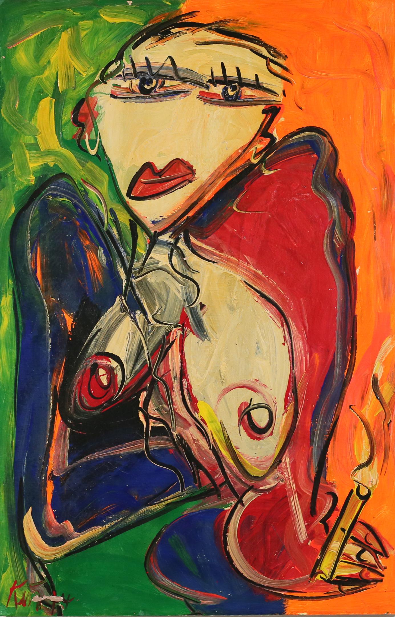 Peter Keil Oil on Canvas Nude Portrait: Peter Robert Keil (German, 1942-). Oil on canvas portrait of a nude. Signed and dated 74 lower left. 36"x 24". Paint loss lower left through signature, crazing throughout, paint loss along edges and t