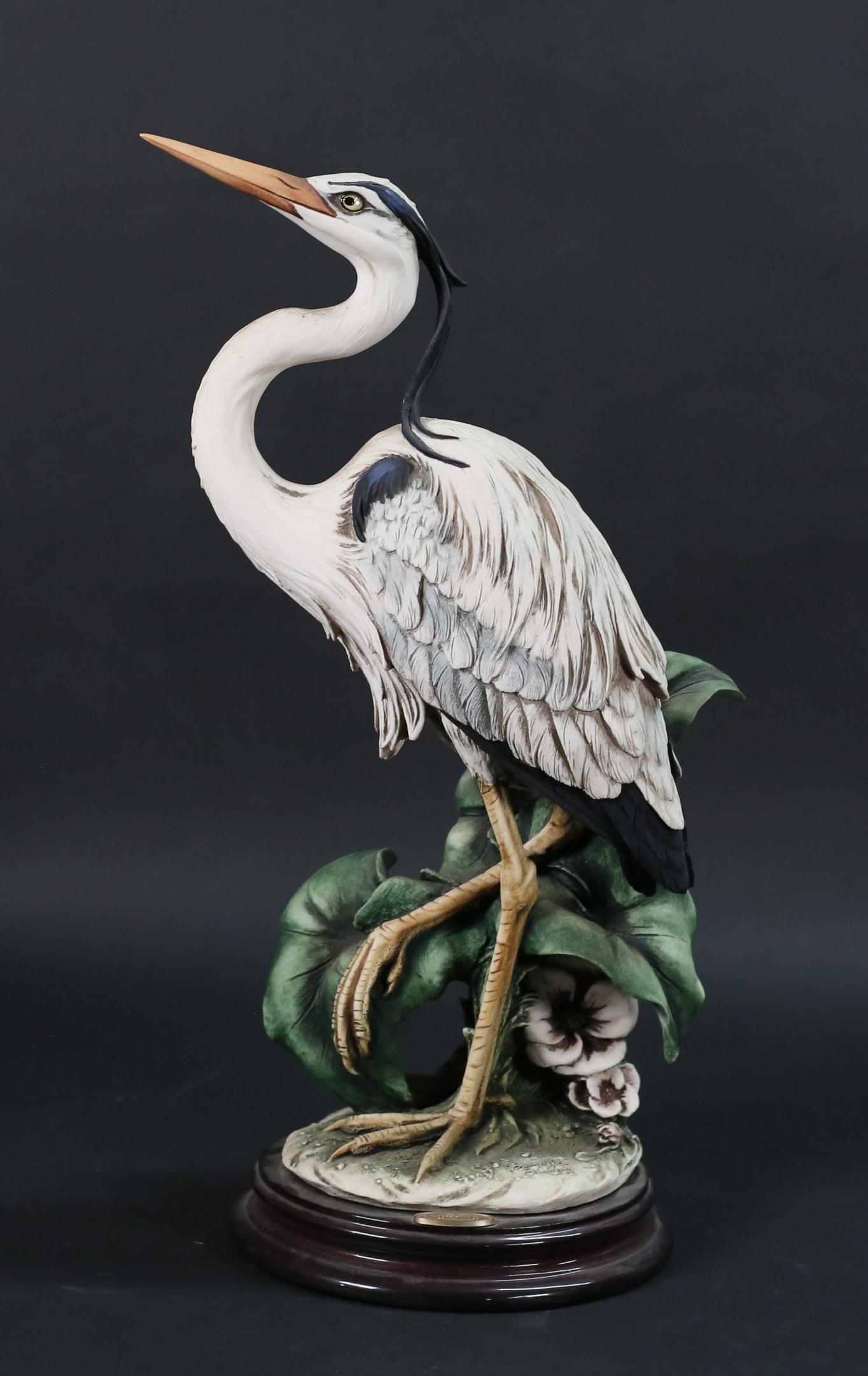 Giuseppe Armani Figure Poised: Giuseppe Armani sculpture of a crane, Poised. On wooden base. Signed near the base. 17 1/2"H.