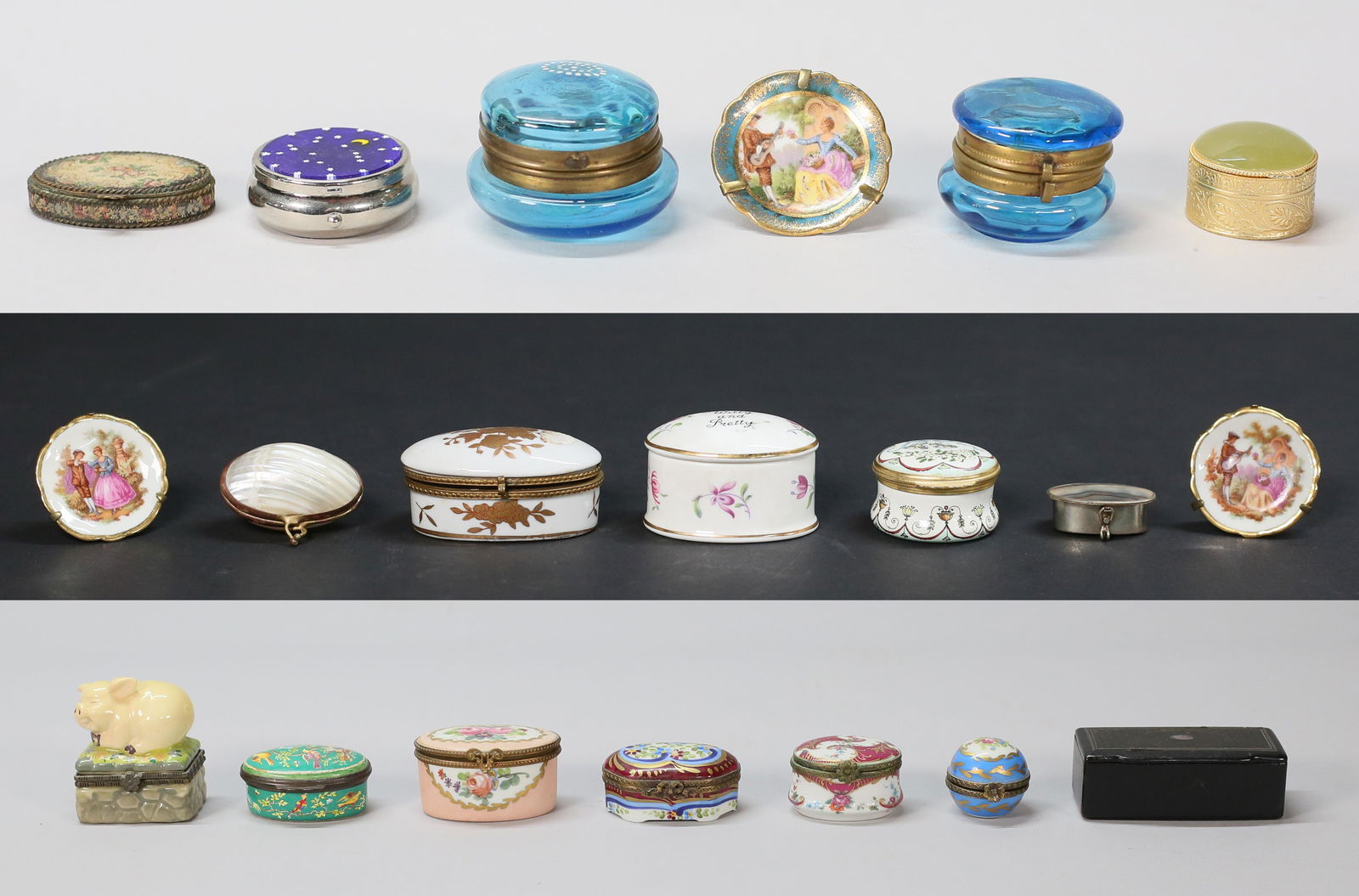 Lot of Trinket Boxes & Limoges Miniature Plates: Lot of 17 trinket / pill boxes, including 4 Limoges, 2 blue glass, 2 unmarked porcelain - 1 with pig lid, 1 Crown bone china, 2 Halcyon Days Enamels, 2 silver tone - 1 with abalone, 1 shell, 2 gold to
