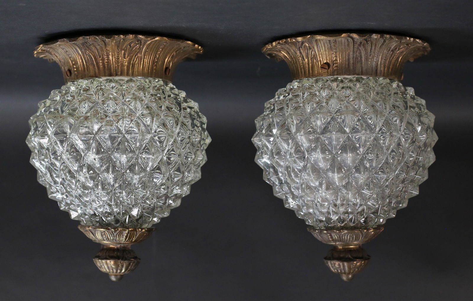 Pair Gilt Metal & Glass Pineapple Ceiling Fixtures (1 of 12)