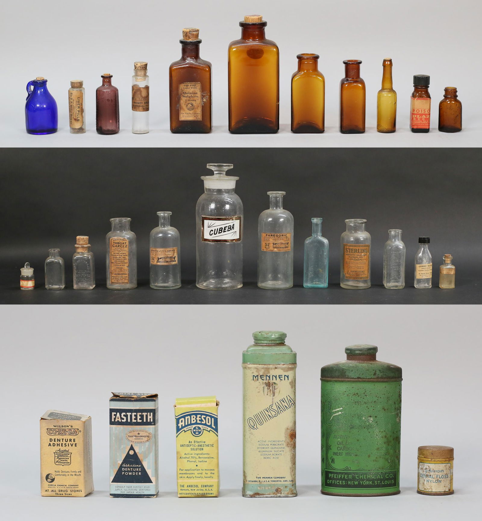 Lot of Vintage Glass Apothecary / Medicine Bottles: Lot of vintage glass medical and apothecary bottles, tins and boxes. Some with original paper labels. Wear to all, corks worn, corks and stoppers missing on some, chips to rim of 1 small unmarked brow