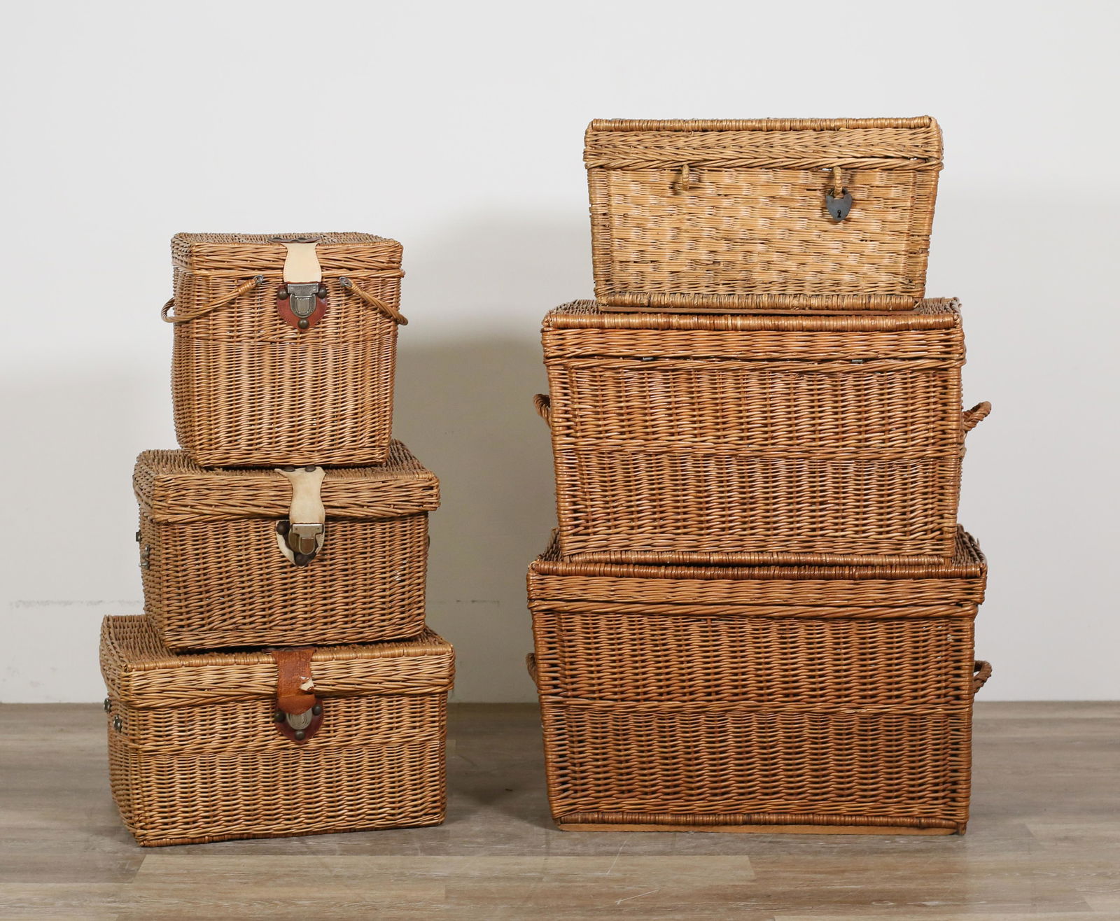 Grouping of Six Wicker Trunks and Basket (1 of 19)