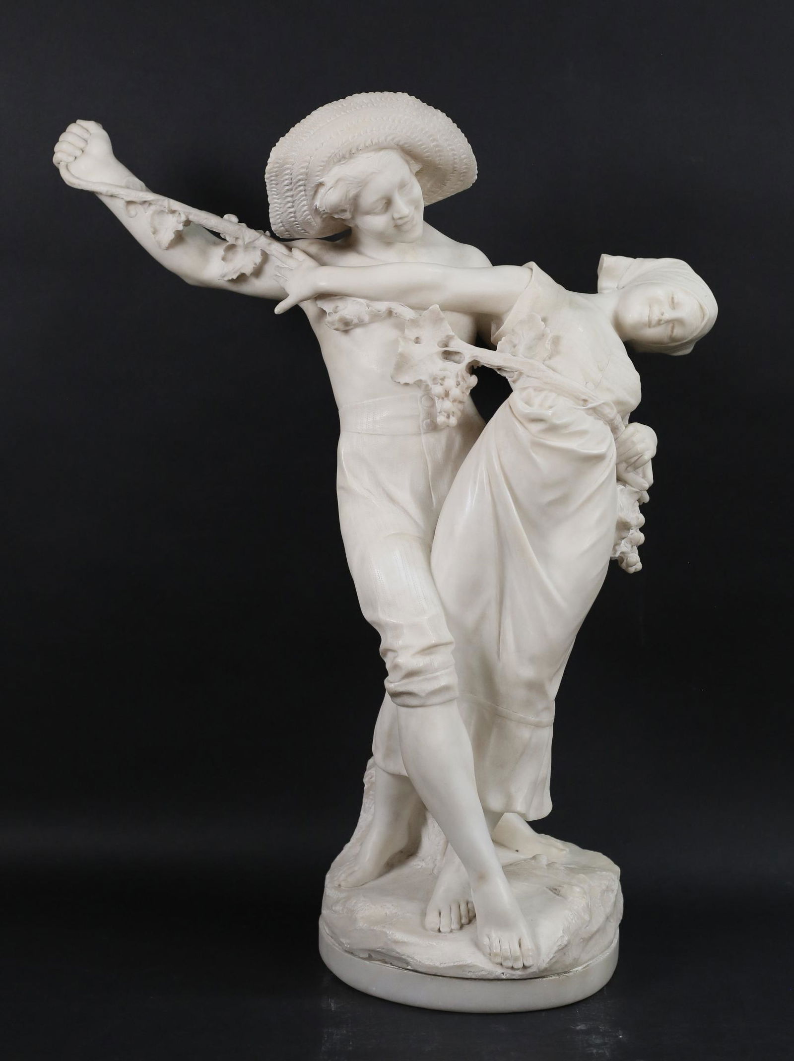 Emilio Fiaschi Alabaster Sculpture: P. Emilio Fiaschi (Italy 1858-1941). Alabaster statue of two youths dancing. base signed "P.E. Friaschi". 24"H x 19 1/2"W x 10"D