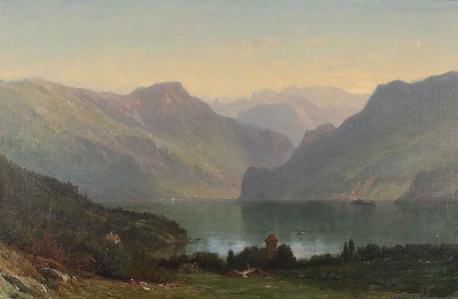 Samuel Lancaster Gerry Oil on Canvas Landscape: Samuel Lancaster Gerry (American, Boston, Massachusetts, 1813-1891). Oil on canvas laid down on board, coastal mountain landscape. Signed lower right S.L. Gerry. 18 1/4" x 28 3/4" (with frame 24 3/4" 