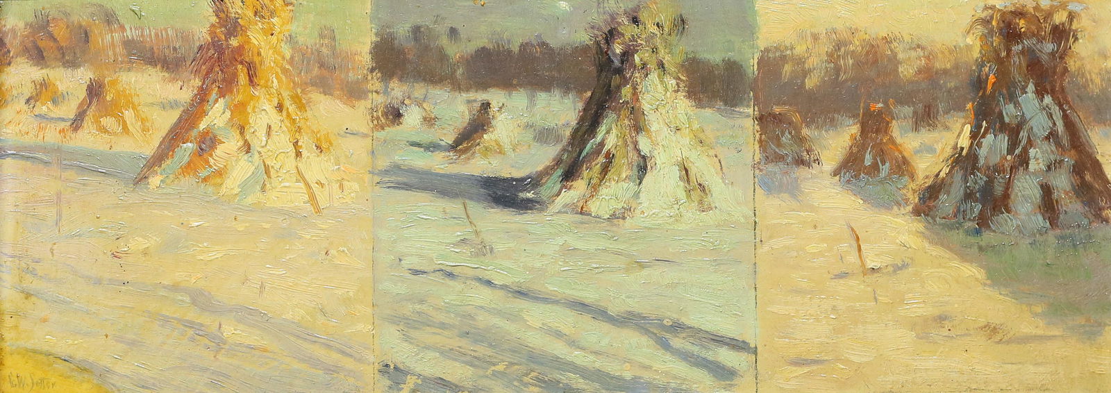 George Sotter Oil On Board Triptych Of Haystacks: George William Sotter (Pennsylvania, 1879-1953) Oil on board of haystacks during different times of the day. Signed lower left "G.W. Sotter." On verso "'Sunrise, Evening, Sunset' by George W Sotter. P