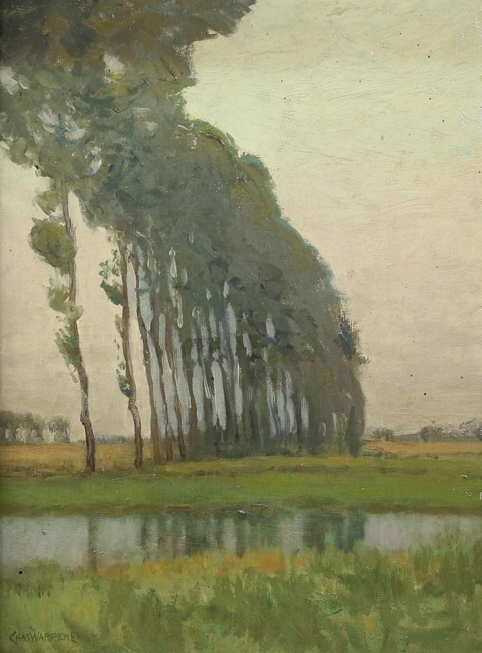 Charles Warren Eaton Oil on Canvas Landscape: Charles Warren Eaton (American, New York / New Jersey, 1857-1937). Oil on canvas laid down on Masonite, landscape with trees and canal. Signed lower left Chas. Warren Eaton. 15 1/2" x 11 1/2" (with fr