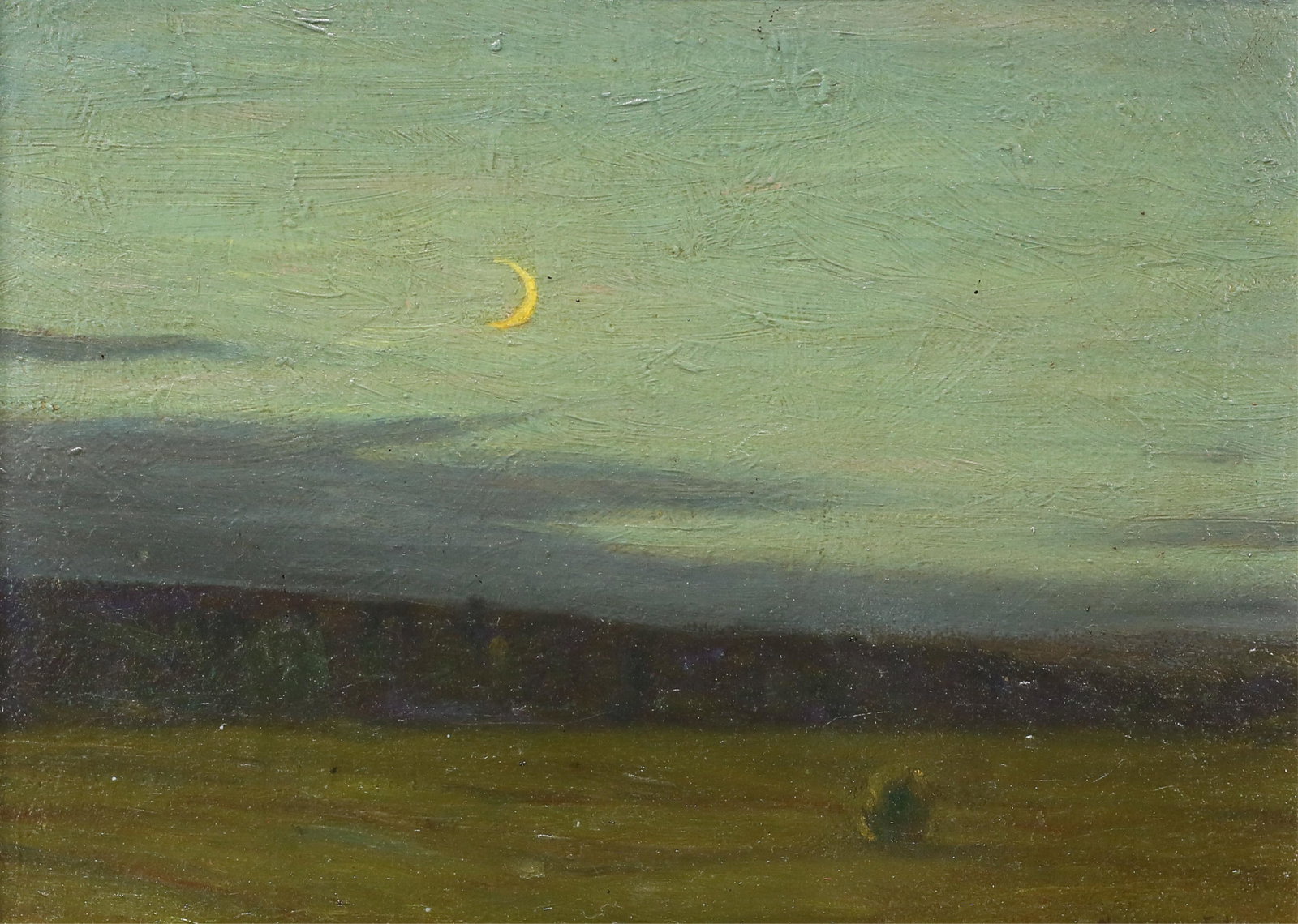 Charles Warren Eaton Oil on Canvas Landscape: Charles Warren Eaton (American, New York / New Jersey, 1857-1937). Oil on canvas laid down on board. Crescent moon landscape. Signed lower right Chas. Warren Eaton. 8 1/2" x 11 1/2" (with frame 10" x 