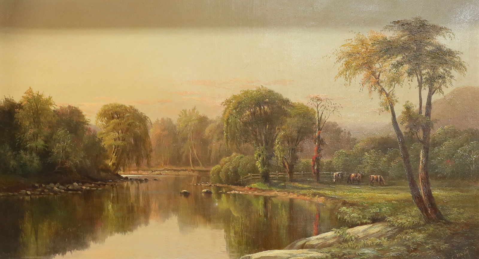 Attributed to Charles Day Hunt Oil on Canvas: Attributed to Charles Day Hunt (American, 1840-1914). Oil on canvas cows in river landscape. signed lower right C. Hunt and dated 64. 12 1/2" x 22 1/2" (with frame 20 1/4" x 30 1/4"). Small indentatio