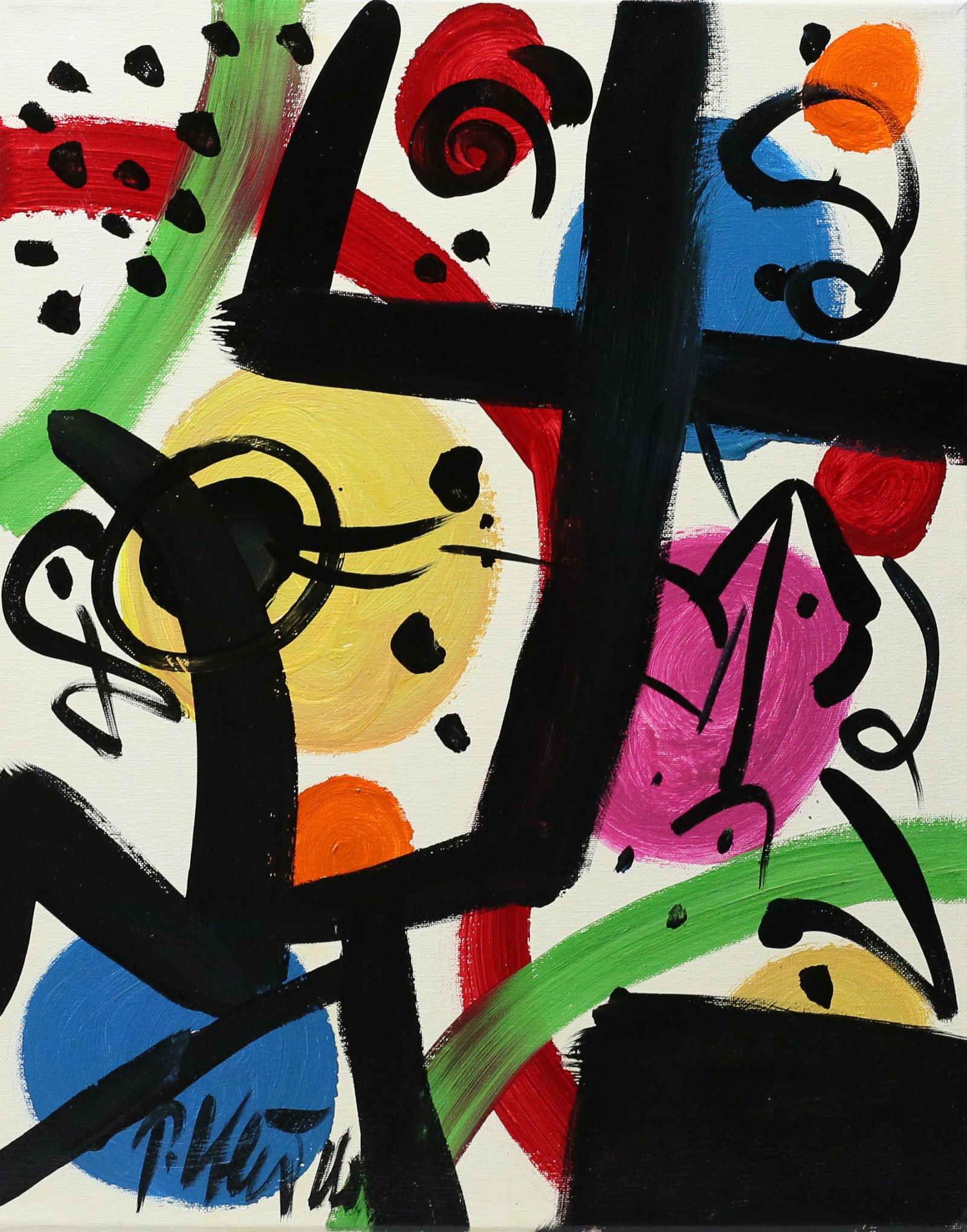 Peter Keil Acrylic on Canvas Style of Joan Miro: Peter Robert Keil (Germany, 1942-). Abstract acrylic on canvas in the style of Joan Miro. Signed lower left. With COA on verso. 19 7/8" x 16".