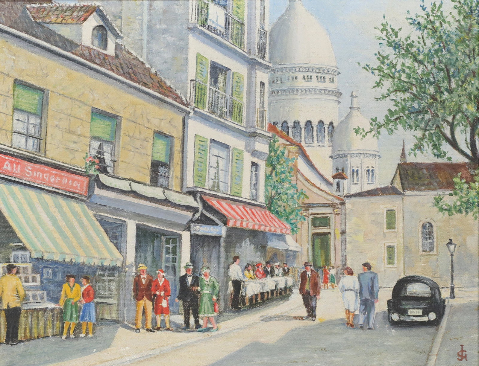 Oil on Board Montmartre Paris: Oil on board Paris street scene, Montmartre. Signed with artist's monogram JG (or GJ), lower right. 10 3/4" x 13 3/4" (with frame 11 3/4" x 14 3/4"). Losses to gilt decoration on frame.