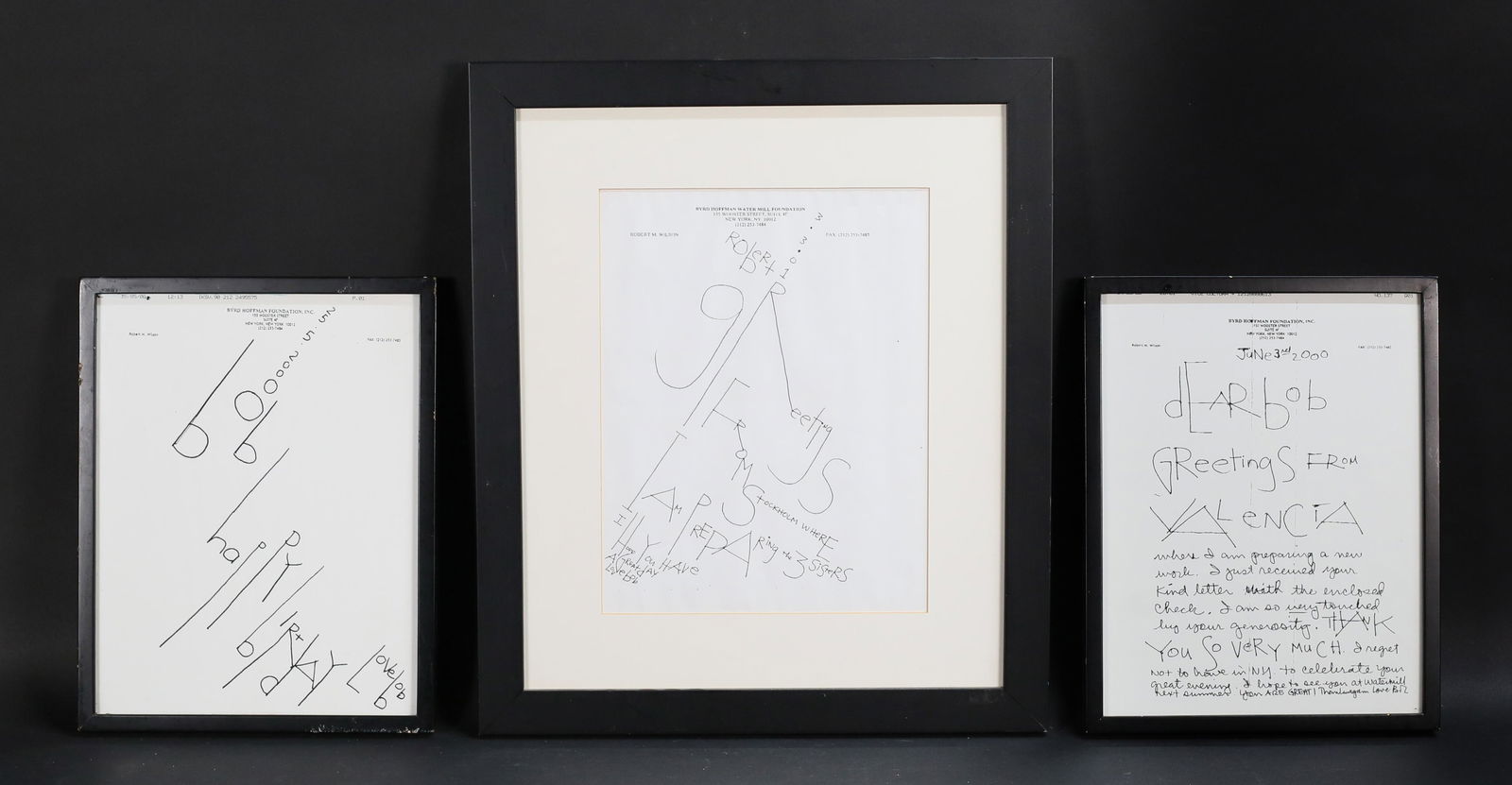 Robert Wilson 3 Facsimile Drawings: Robert Wilson (American, New York, 1941-). 3 fax printouts of original drawings. Happy Birthday, Greetings From Valencia and Greetings From Stockholm. Each 8 1/4" x 10 3/4", largest frame 17" x 14 1/2