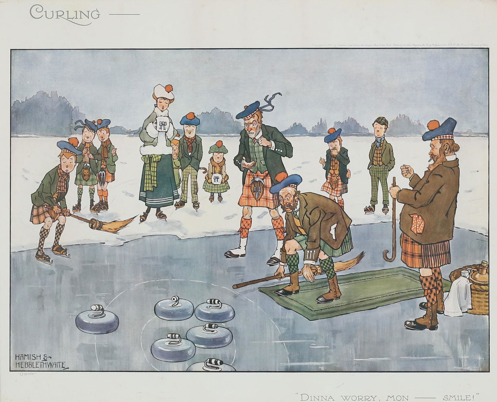 Tuck Curling Print After Hamish & Hebblethwaite: Raphael Tuck & Sons print Oilette, after Hamish & Hebblethwaite, circa 1905. In a carved frame. 15 1/2" x 19 1/2" (with frame 24 1/2" x 28 5/8"). Scratches and minor losses to frame, separation at cor