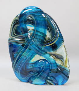 Michael Harris Mdina Art Glass Sculpture: Mdina Glass, Michael Harris, Malta. Abstract art glass sculpture, blue with green and yellow swirls. Signed and dated 1973 on the underside. 12"H. Chips to both sides of the base.