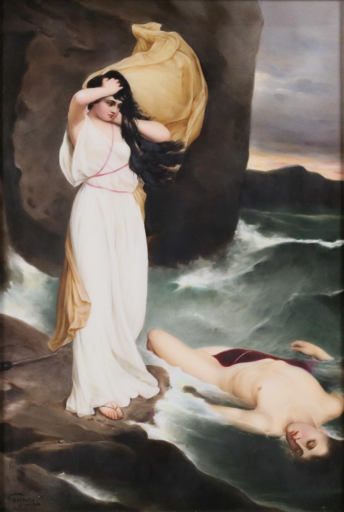 KPM Porcelain Plaque Signed Wagner: Hand painted KPM porcelain plaque. 2 figures, maiden and nude in the sea. Signed lower right Wagner. Incised KPM with scepter and 237 158 on verso. 9" x 6" (with frame 17 7/8" x 14 3/4"). Minor chips,