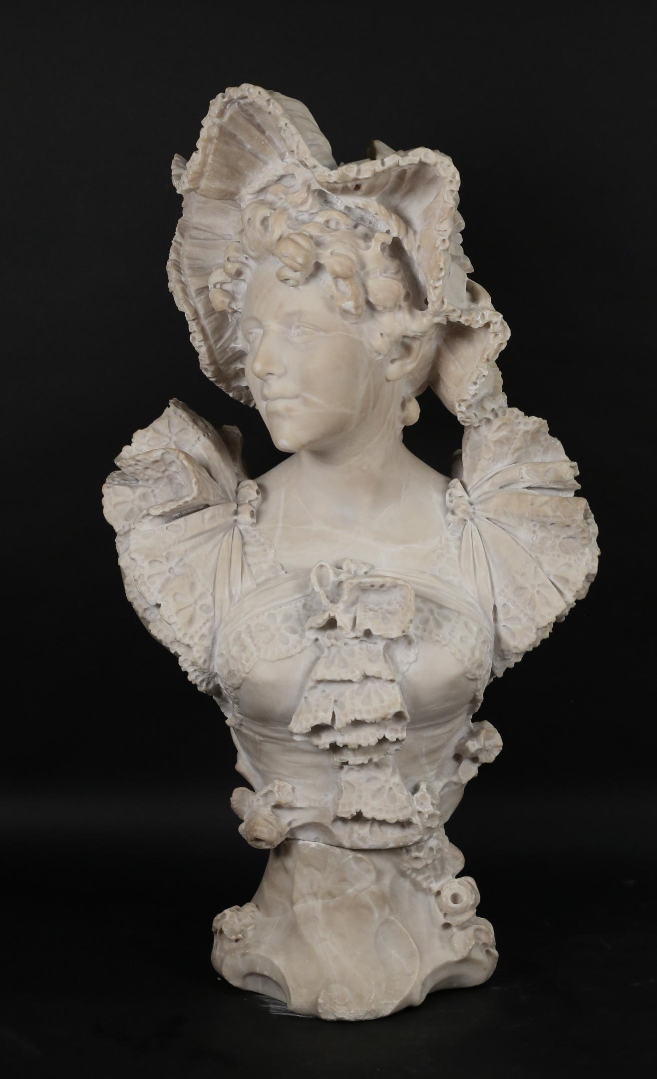 Alabaster Bust of a Girl: Alabaster bust of a girl with bonnet. 24 1/2"H. Minor chips throughout.