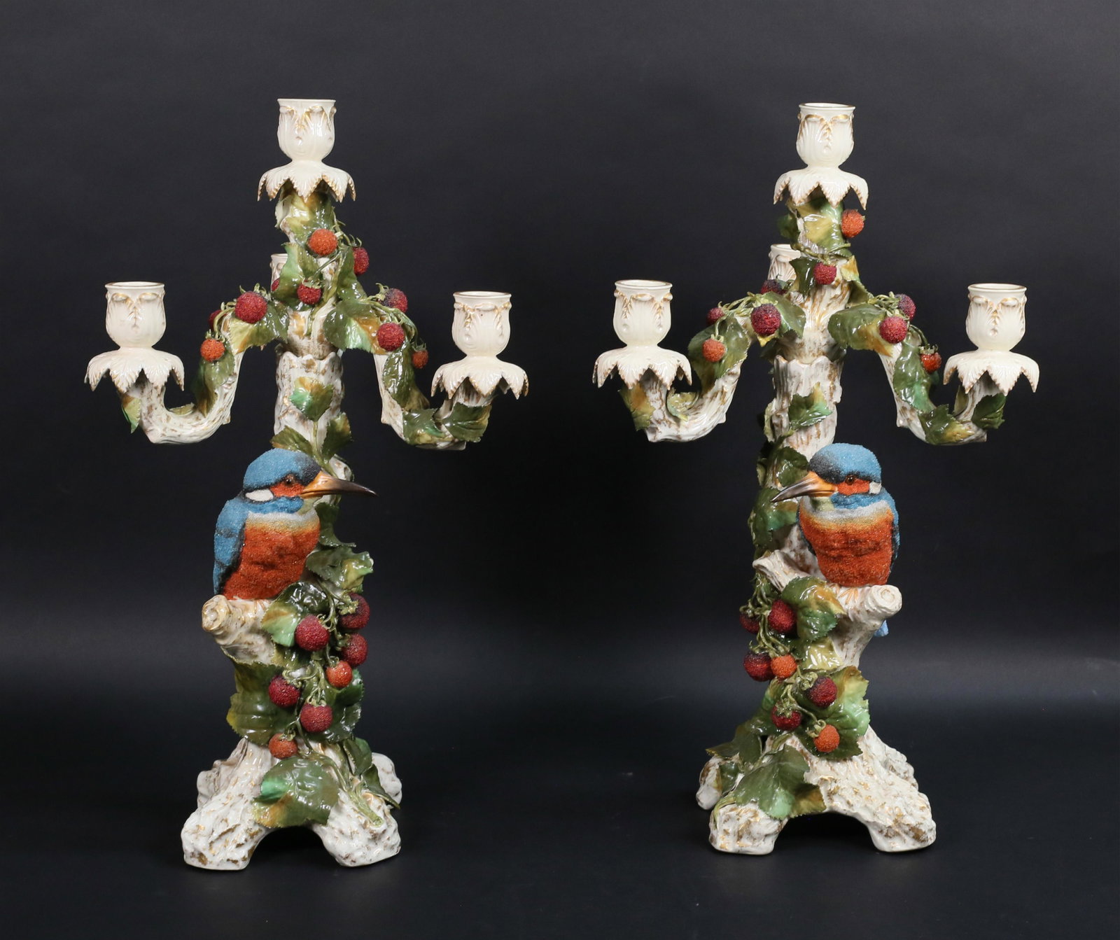 Pair of Porcelain & Coralene Kingfisher Candelabra: Pair of porcelain four light candelabra. Applied porcelain leaves with porcelain and coralene glass decorated kingfisher birds and berries. Both unsigned, marked on the underside Patent 285. Each 18"H