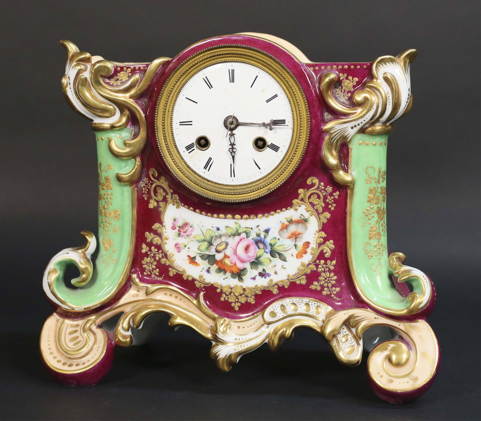 Japy Freres Porcelain Mantel Clock: Porcelain mantel clock, with Japy Freres works. Case unsigned, works marked under bell. 9 3/4"W x 5"D x 8 3/8"H. No glass, back cover missing, paint loss to gilt decoration throughout, crazing and dis