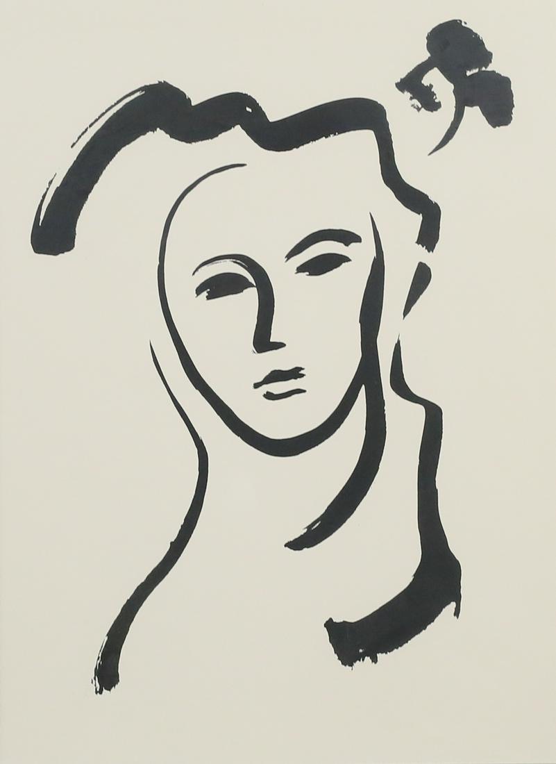 After Henri Matisse Lithograph Portrait: After Henri Matisse (France, 1869-1954). Lithograph, portrait of a lady. Unsigned. 30" x 22 1/4" (with frame 49" x 41"). Scratches, chips and losses to frame, inner frame separating from outer frame.F