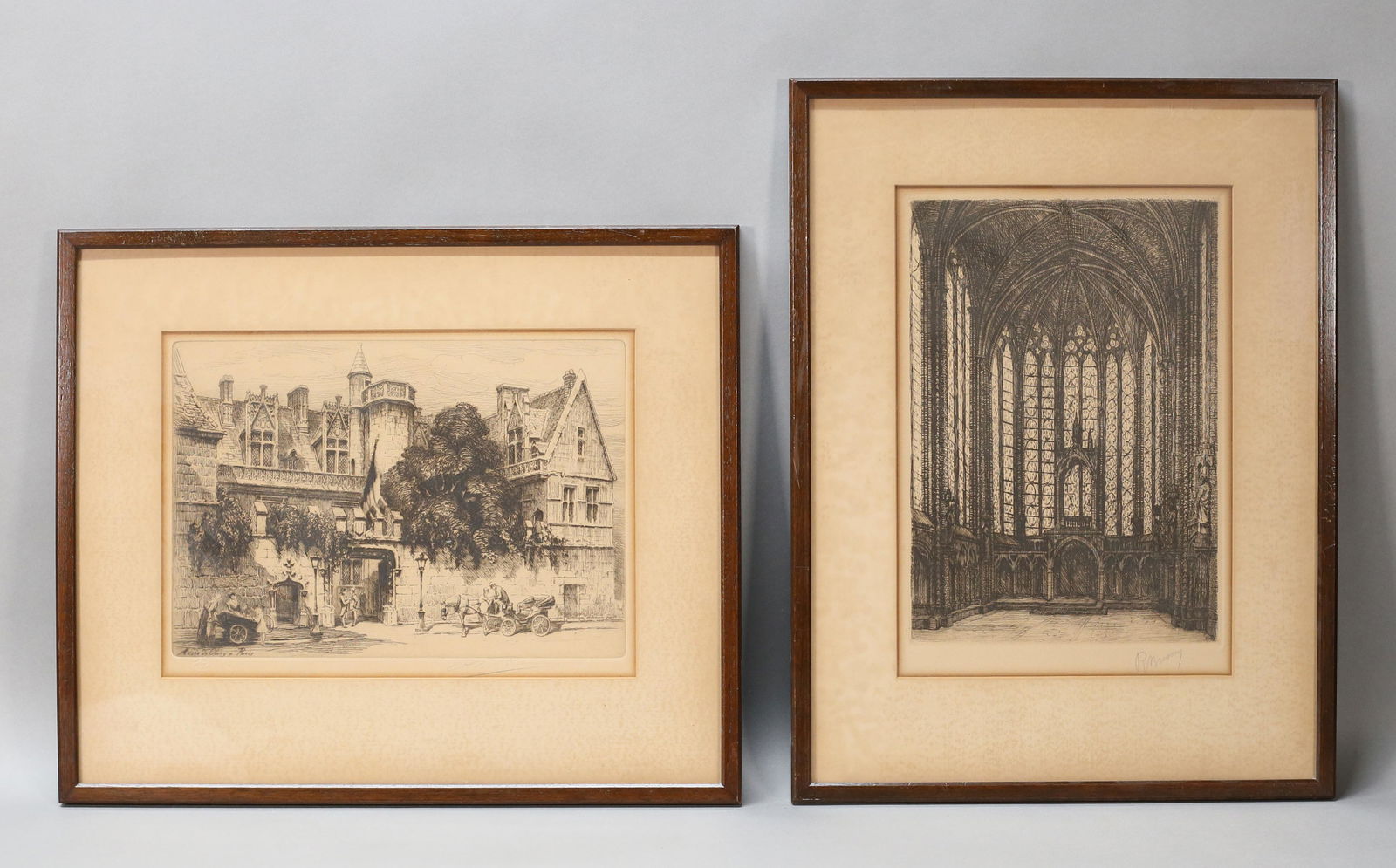 2 Pencil Signed French Etchings: 2 French etchings. Each pencil signed illegibly. Sainte Chapelle, 12" x 8 1/4" (with frame 17 3/4" x 13 1/2"); street scene, 8 1/2" x 11 5/8" (with frame 14 1/4" x 16 7/8"). Mat burn and discoloration
