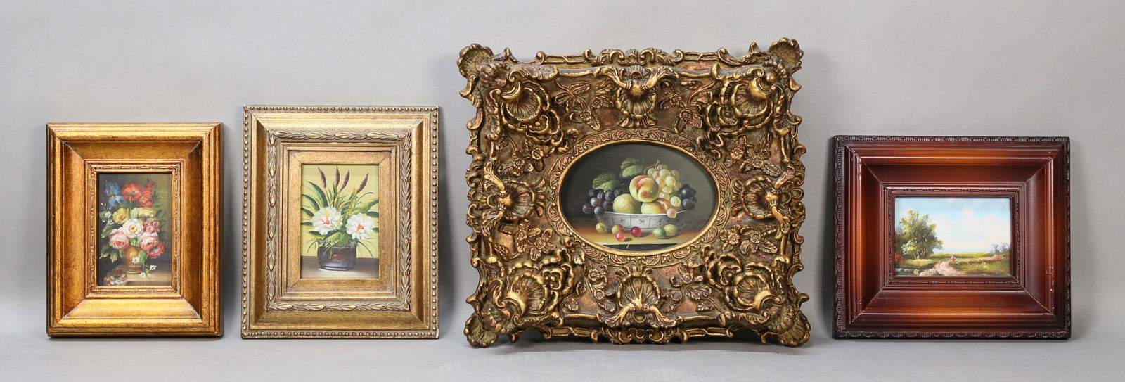 4 Piece Art Lot Still Lifes & Landscape: 4 piece art lot. 3 oil on board still lifes, all unsigned. Still life with red and blue flowers 4 1/2" x 3" (with frame 8 1/2" x 7")' with white flowers 4 1/2" x 3" (with frame 9 3/8" x 7 7/8"), with