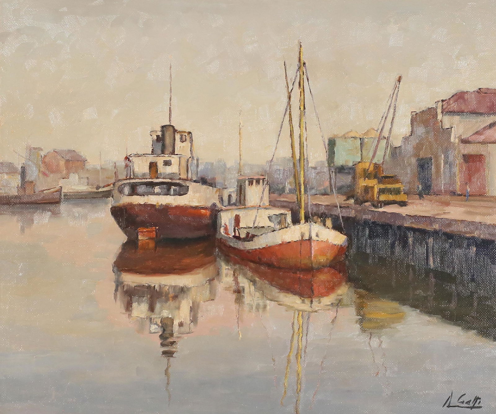 Ambrosio Gatti Oil on Masonite Harbor Scene (1 of 7)