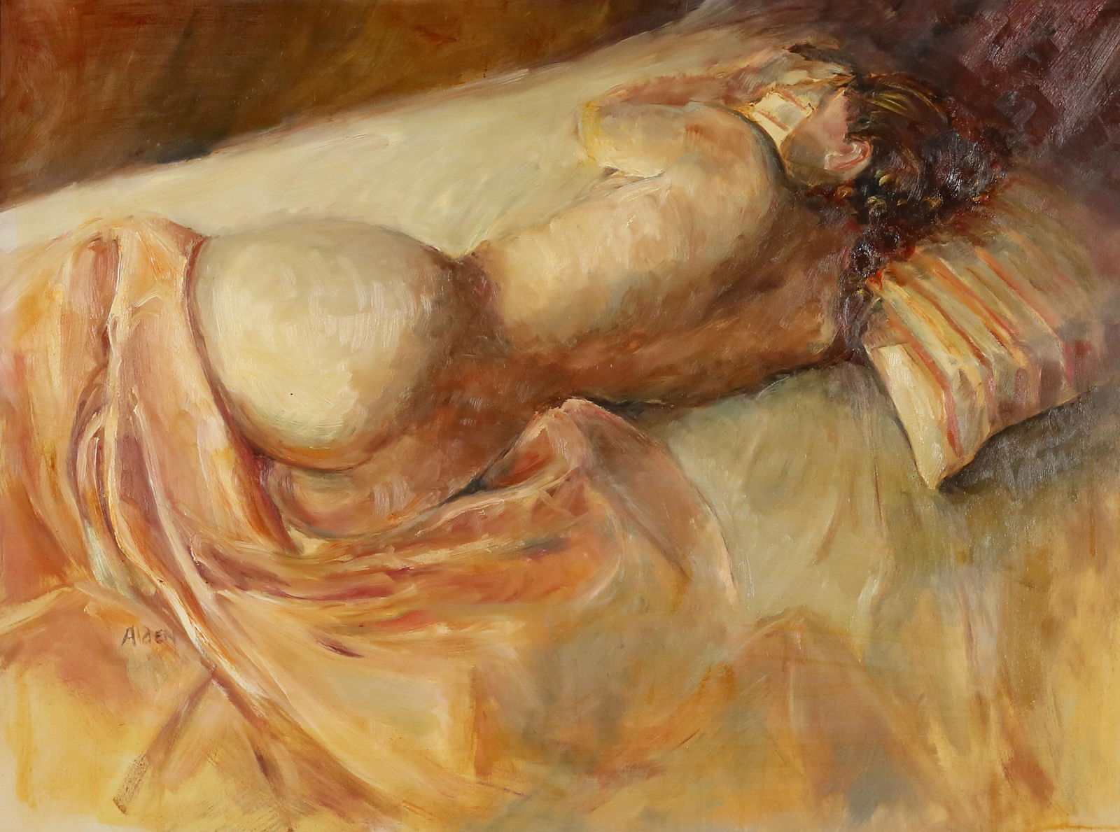 Selma Alden Oil on Masonite Nude: Selma Alden (American, 20th / 21st century). Oil on masonite, sleeping nude. Signed center left, with artist info on verso. 17" x 23" (with frame 26 1/2" x 32 1/2").