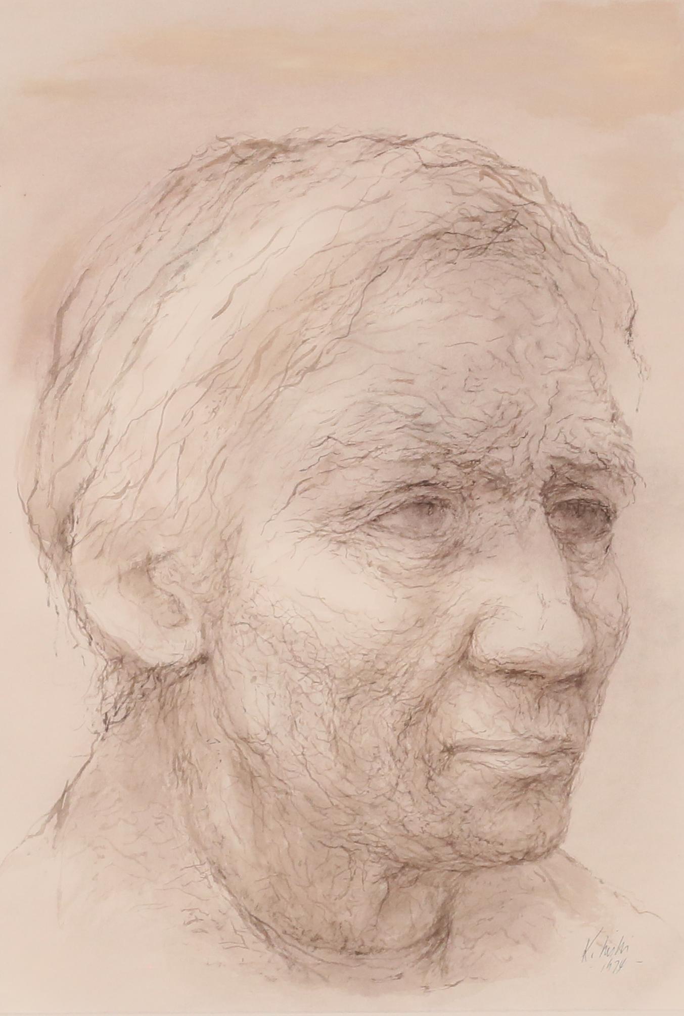 Ken Nishi Watercolor Portrait: Ken Nishi (American, 1916-2001). Watercolor on paper, portrait. Signed and dated 1974 in ink lower right. 22" x 14 7/8" (with frame 33" x 26"). Minor losses to frame.