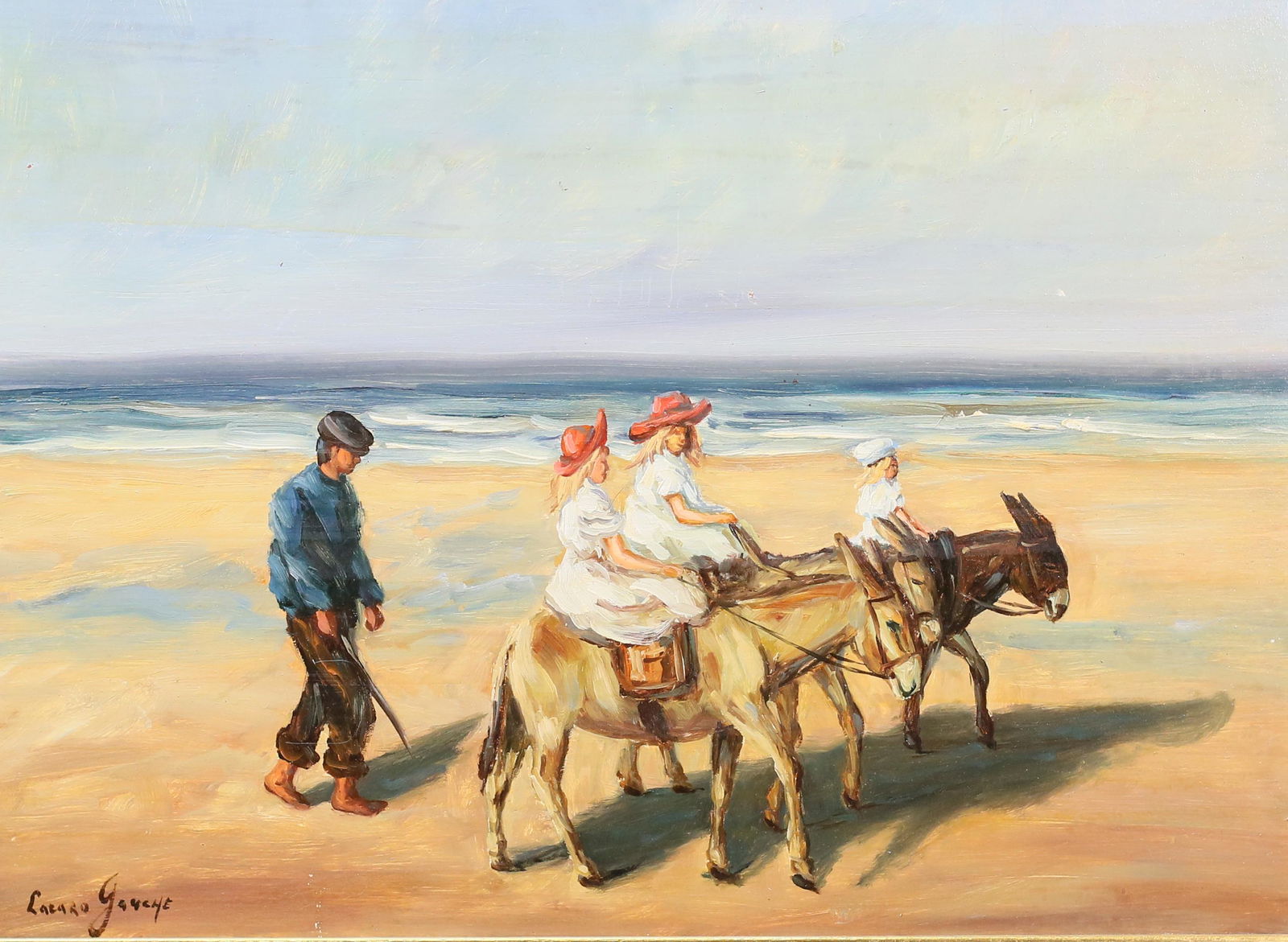 Lazaro Gauche After Isaac Israels Oil on Board: After Isaac Israels (Dutch, 1865-1934). Oil on board, donkey ride on the beach. Signed lower left Lazaro Gauche. 14" x 19" (with frame 22 3/4" x 27 3/4"). Some paint loss to the right of signature.