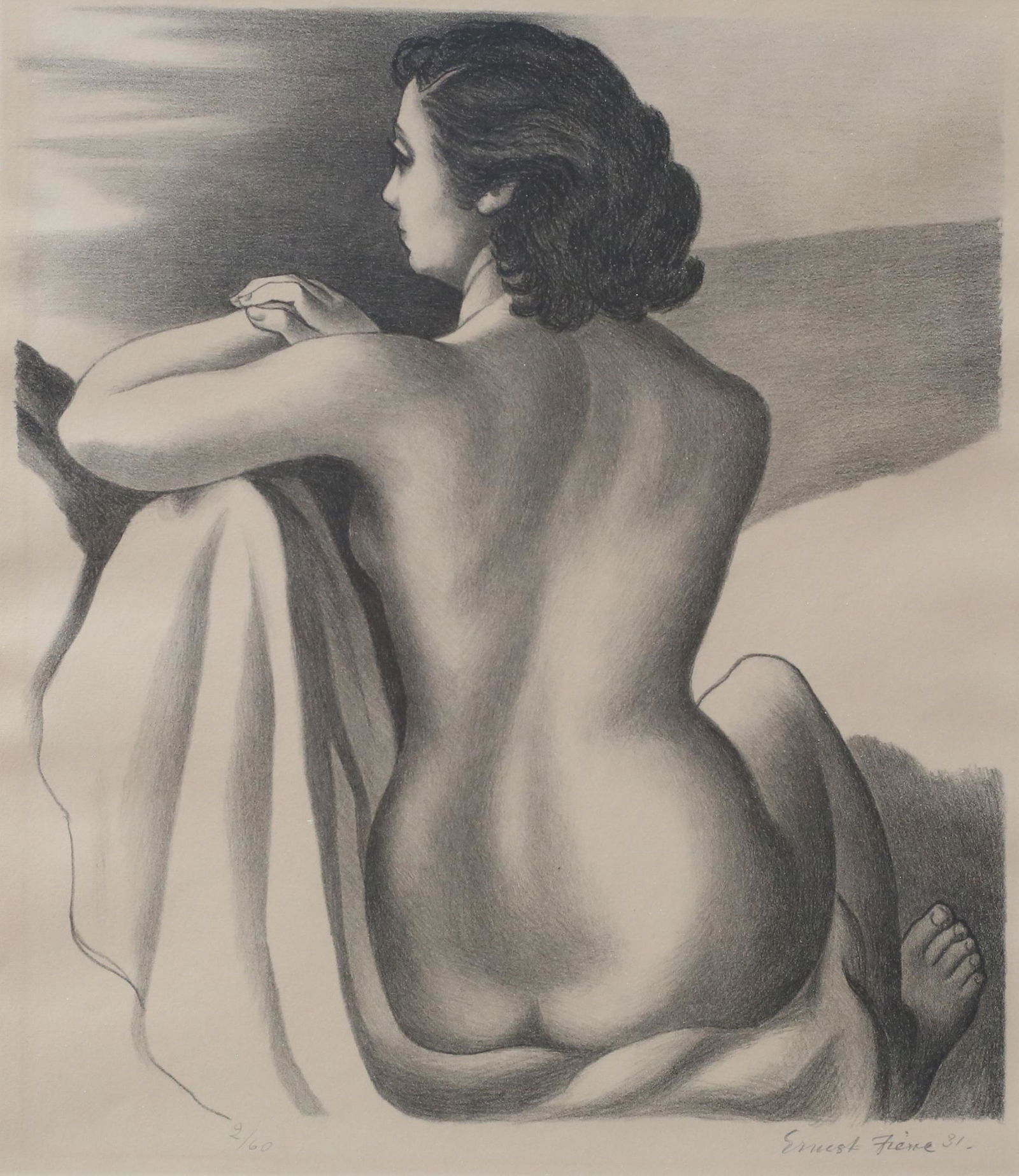 Ernest Fiene Lithograph Seated Nude: Ernest Fiene (American, 1894-1965). Lithograph, seated nude. Pencil signed and dated 31 lower right and numbered 2/60 in pencil lower left. 12" x 10 1/2" (with frame 21" x 19 5/8"). Scratches to frame