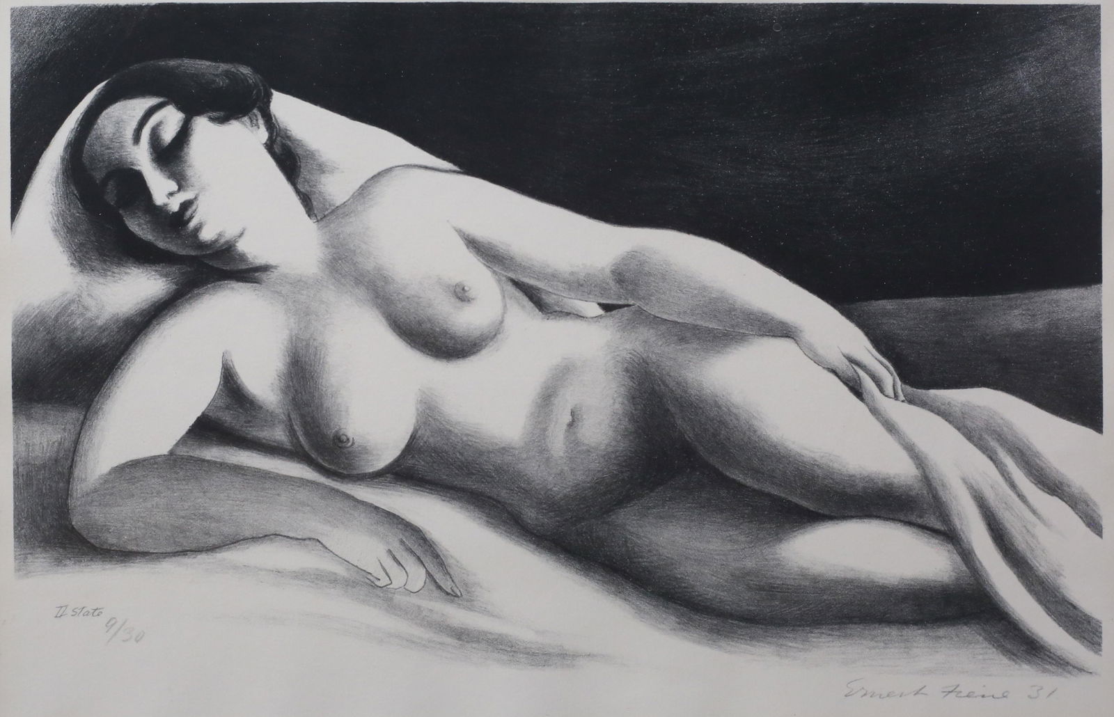 Ernest Fiene Lithograph Reclining Nude: Ernest Fiene (American, 1894-1965). Lithograph, reclining nude. Pencil signed and dated 31 lower right and numbered II State 9/30 in pencil lower left. 8 3/4" x 13 1/2" (with frame 18" x 22 3/4").