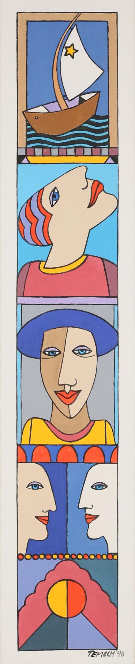 Gunther Temech Oil on Canvas Faces With Sailboat: Gunther / Gunter Temech (Austria, 1942-2010). Oil on canvas, faces with sailboat. Signed and dated '96 lower left. 49 7/8" x 10 1/4" (with frame 54 1/8" x 14 1/8"). Staining to linen mat.