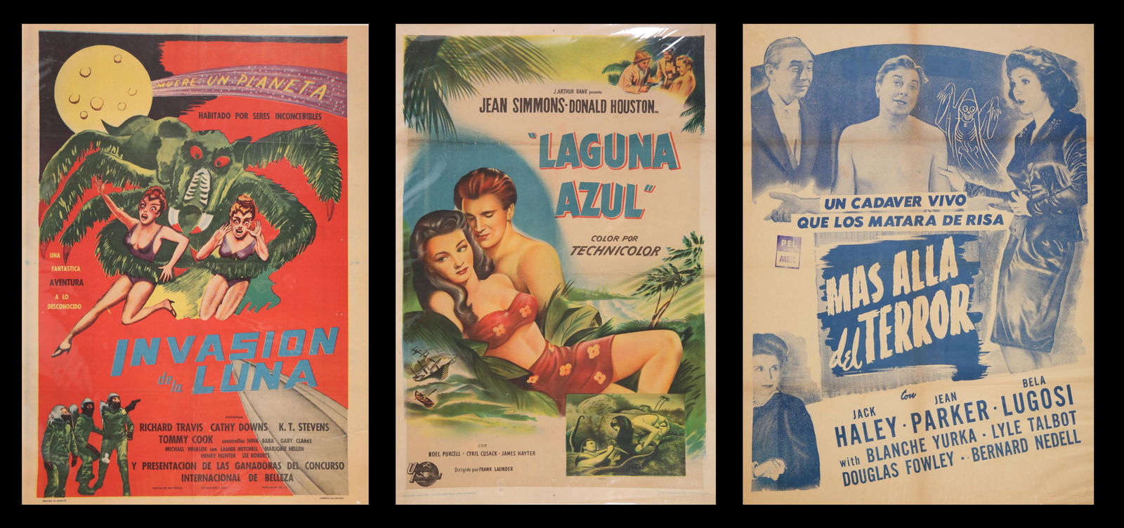 3 Vintage 40s & 50s Spanish Language Movie Posters: 3 vintage one sheet movie posters, 1940s and 1950s. Science fiction, horror, romance. Laguna azul (The Blue Lagoon), 43" x 29 1/8"; Invasion de la luna (Missile to the Moon), 36 1/2" x 27"; Mas alla d