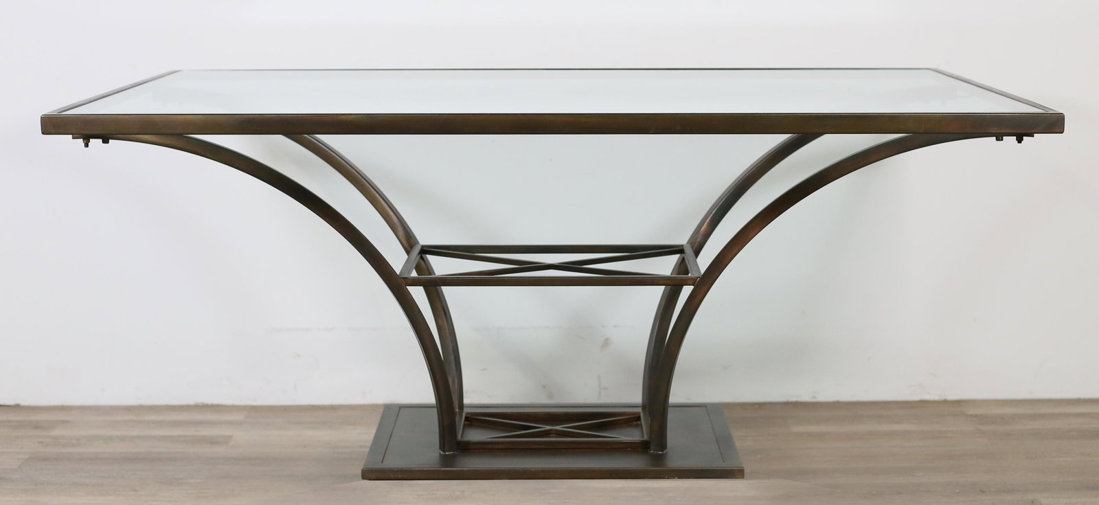 Contemporary Metal Dining Room Table: Contemporary metal dining room table. Oil-rubbed metal, glass top, two removable leaves with glass insert. Wear and scuffs to metal on base of table. Chips to glass on two corners of table. Chips to g