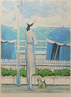 Jean-Pierre Cassigneul Lithograph Lady By the Sea: Jean-Pierre Cassigneul (France, 1935-). Lithograph, Lady By the Sea With Her Dog. Pencil signed lower right and numbered XLVI/LXXV (46/75) in pencil lower left. 26" x 19" (with frame 33 1/2" x 26 3/4"