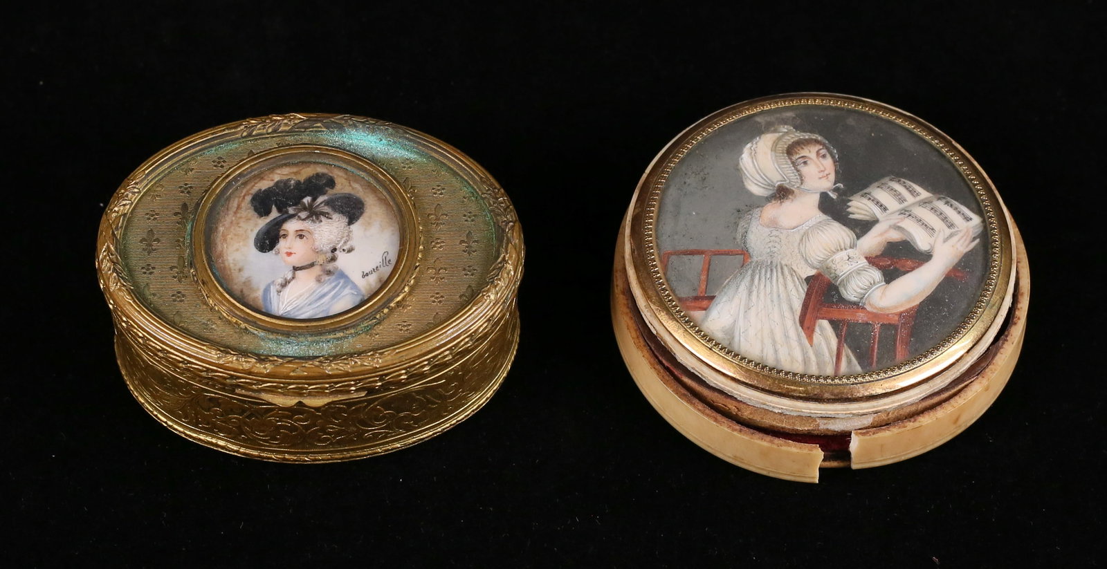 2 Hand Painted Portrait Miniature Boxes: 2 trinket boxes, with hand painted miniatures in the lids. Bone box, with miniature of a woman reading music, unsigned, miniature 2 1/4"-diameter; gilt metal box with portrait of a woman with hat, sig