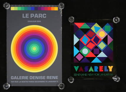 2 Exhibition Posters Vasarely & Le Parc: 2 vintage mid-century exhibition posters. Victor Vasarely, Sidney Janis New York, 1966, offset lithograph, 28 1/2" x 22"; Julio Le Parc Couleur 1959, Galerie Denise Rene Paris, 1970-1971, serigraph, 3