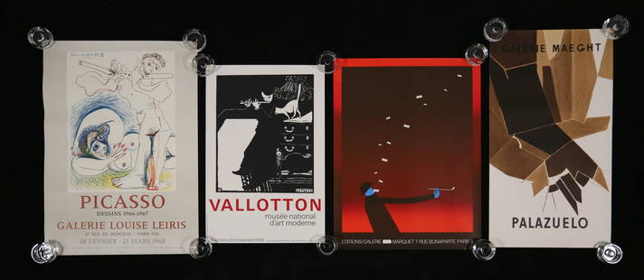 4 French Exhibition Posters Picasso, Folon: 4 vintage French exhibition posters. Pablo Picasso Galerie Louise Leiris, 1968, 28" x 20"; Felix Vallotton La Flute, Musee National d'Art Moderne, 1966 serigraph, 23 5/8" x 15 3/4"; Jean Michel Folon