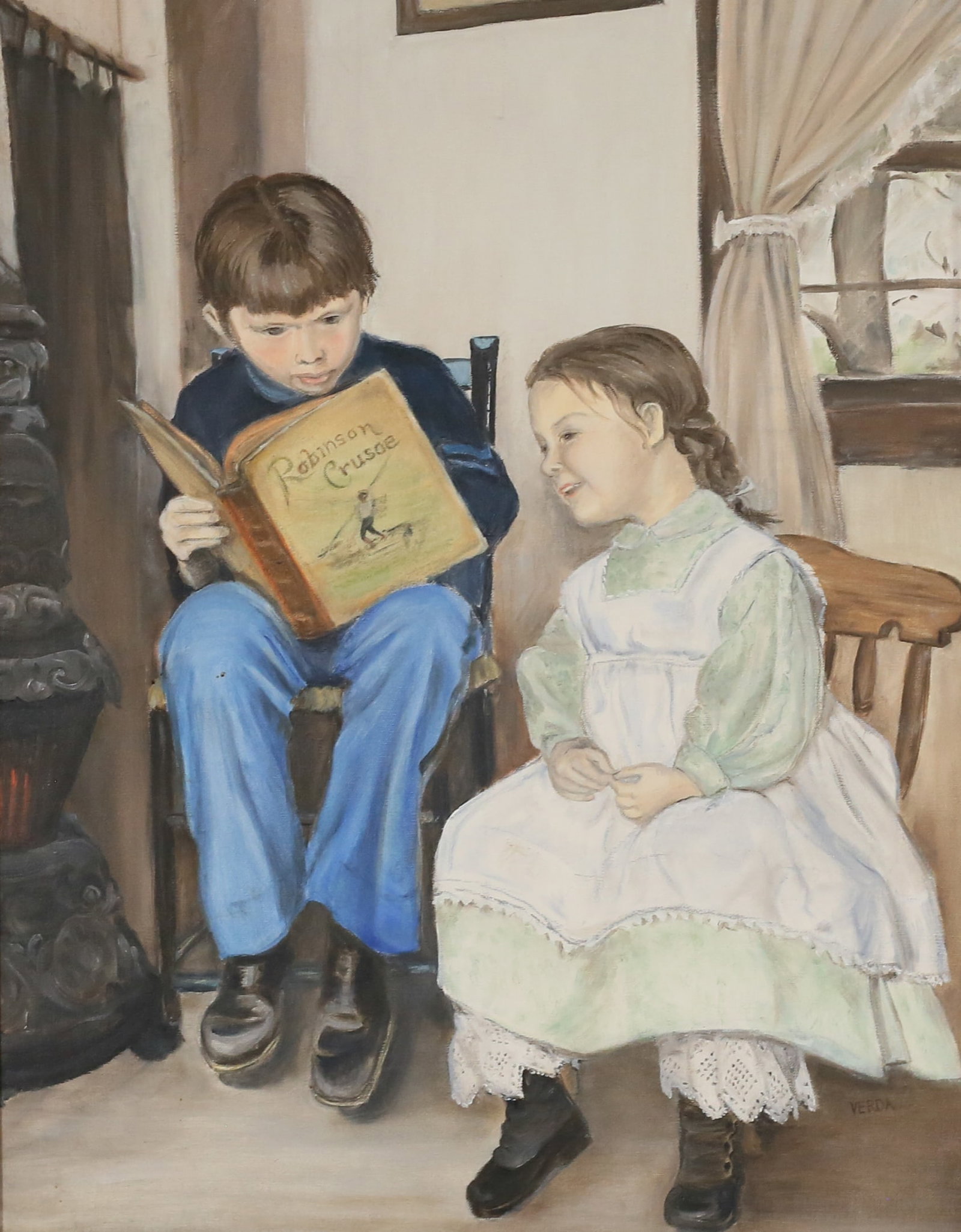 Signed Verda Oil on Canvas Children Reading: Oil on canvas, children reading Robinson Crusoe. Signed lower right Verda. 27 1/2" x 21" (with frame 34 1/8" x 28 1/8").