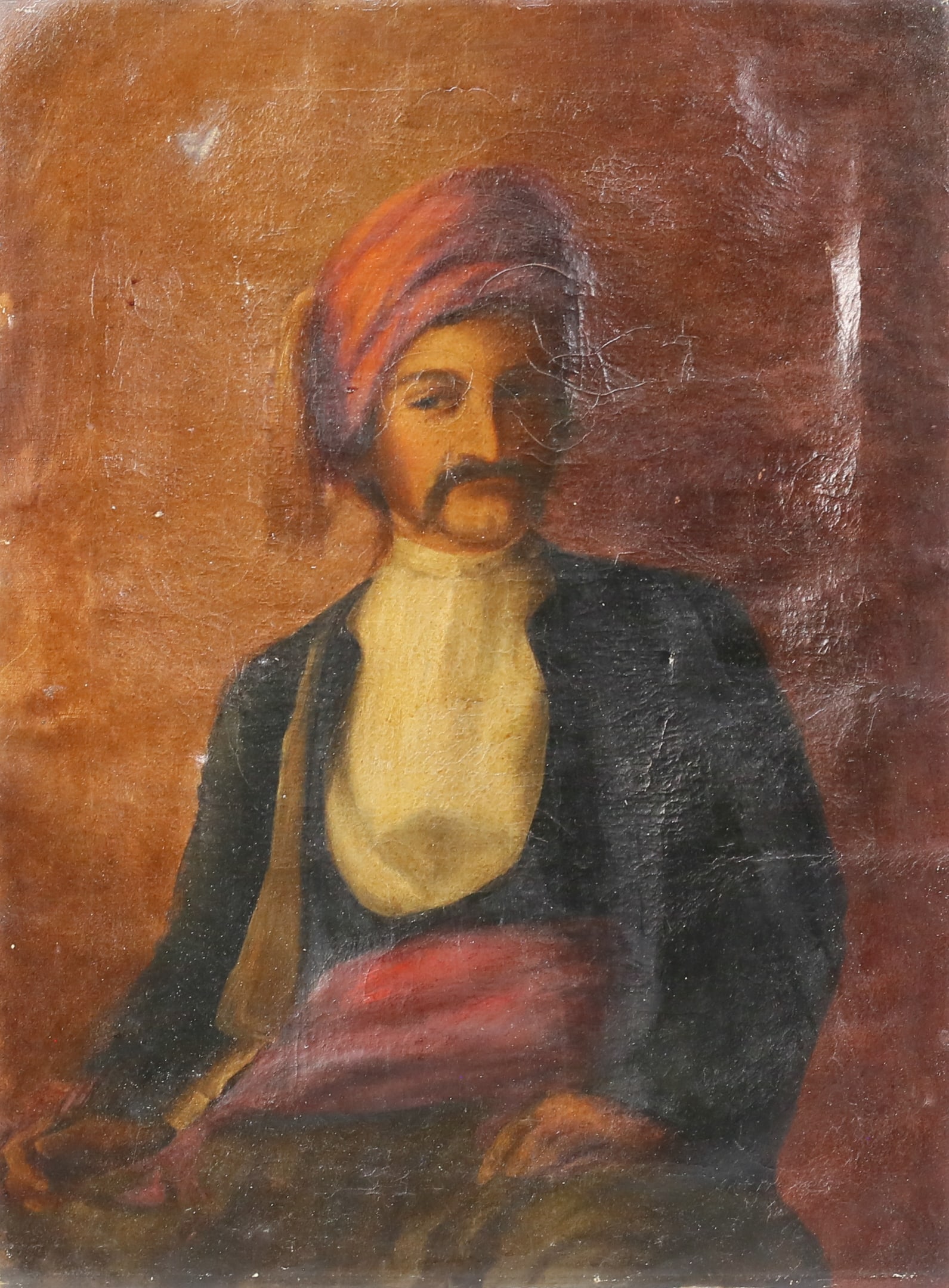 Orientalist Oil on Canvas Portrait of a Man: Oil on canvas, portrait of a man. Unsigned, with partial paper label on verso "Peck". 24" x 17 7/8". Tears and losses to canvas along sides, canvas detaching from stretcher, crazing and creases throug