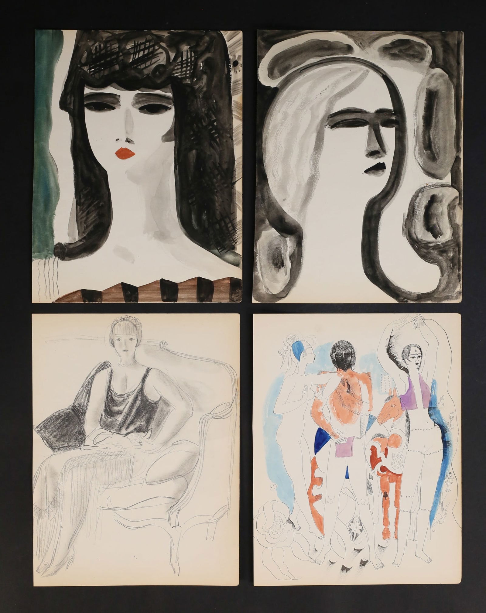 4 Attributed to Eduard Buk Ulreich Works on Paper: Attributed to Eduard / Edward Buk Ulreich (American, 1889-1962). 4 piece art lot, all on paper. Ink and wash portrait of a woman, 9" x 7"; pencil drawing seated woman, 9" x 7"; pen & ink and watercolo