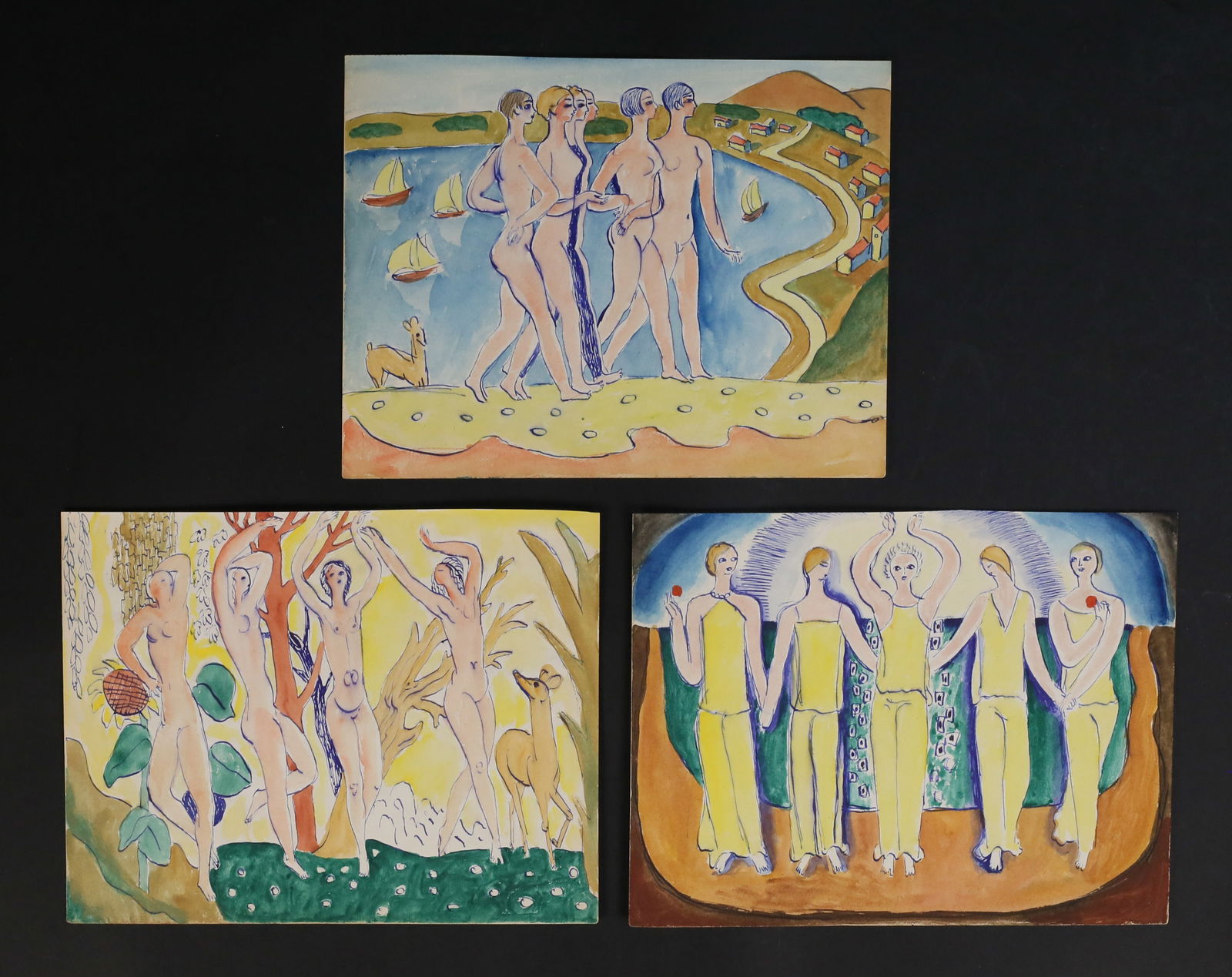 3 Attributed to Eduard Buk Ulreich Watercolors: Eduard / Edward Buk Ulreich (American, 1889-1962). 3 watercolors on paper, nudes with deer, nudes at beach and figures in yellow. All unsigned, with provenance attached. Each 6 7/8" x 9". All unframed