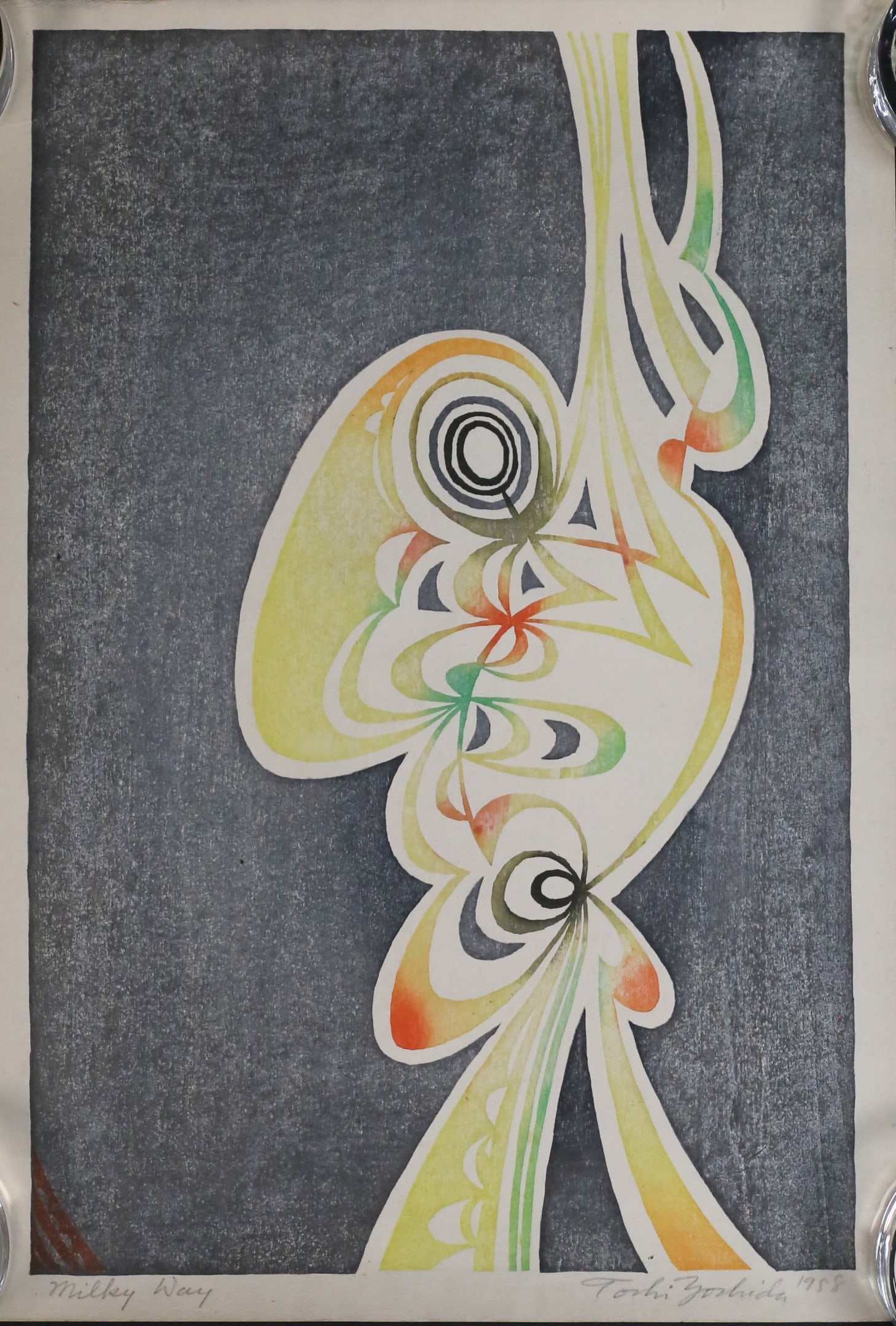 Toshi Yoshida Woodblock Milky Way: Toshi Yoshida (Japan, 1911-1995). Woodblock print, Milky Way. Signed, titled and dated 1958 in pencil in the lower margin. Sheet 16" x 11". Unframed, stored rolled. Some discoloration to sheet. From t