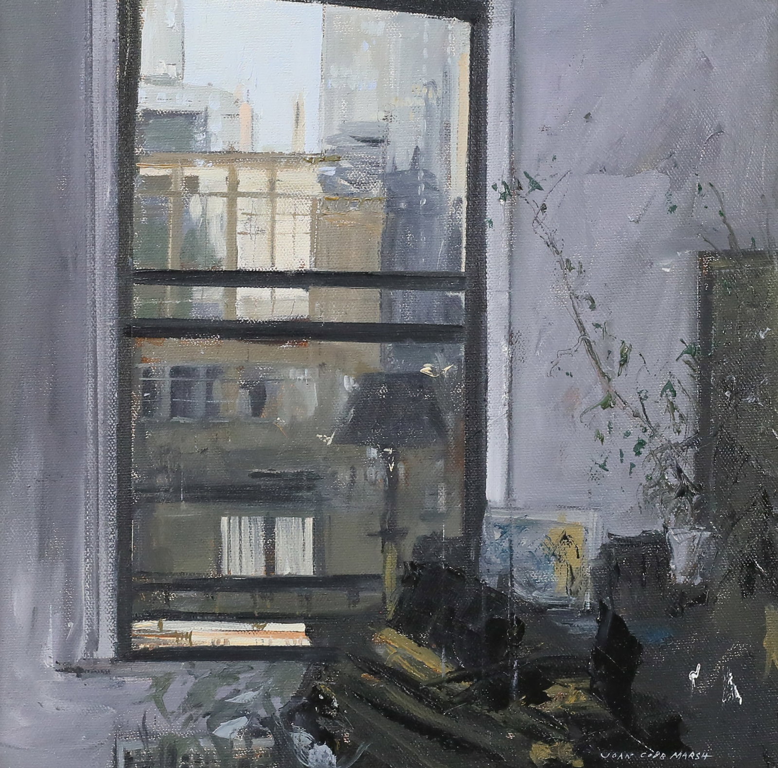 Joan Cobb Marsh Oil on Canvas Interior: Joan Cobb Marsh (American, 20th / 21st century). Oil on canvas, still life at window. Signed lower right and on verso. 11 1/2" x 11 1/4" (with frame 14 1/2" x 14 1/2").