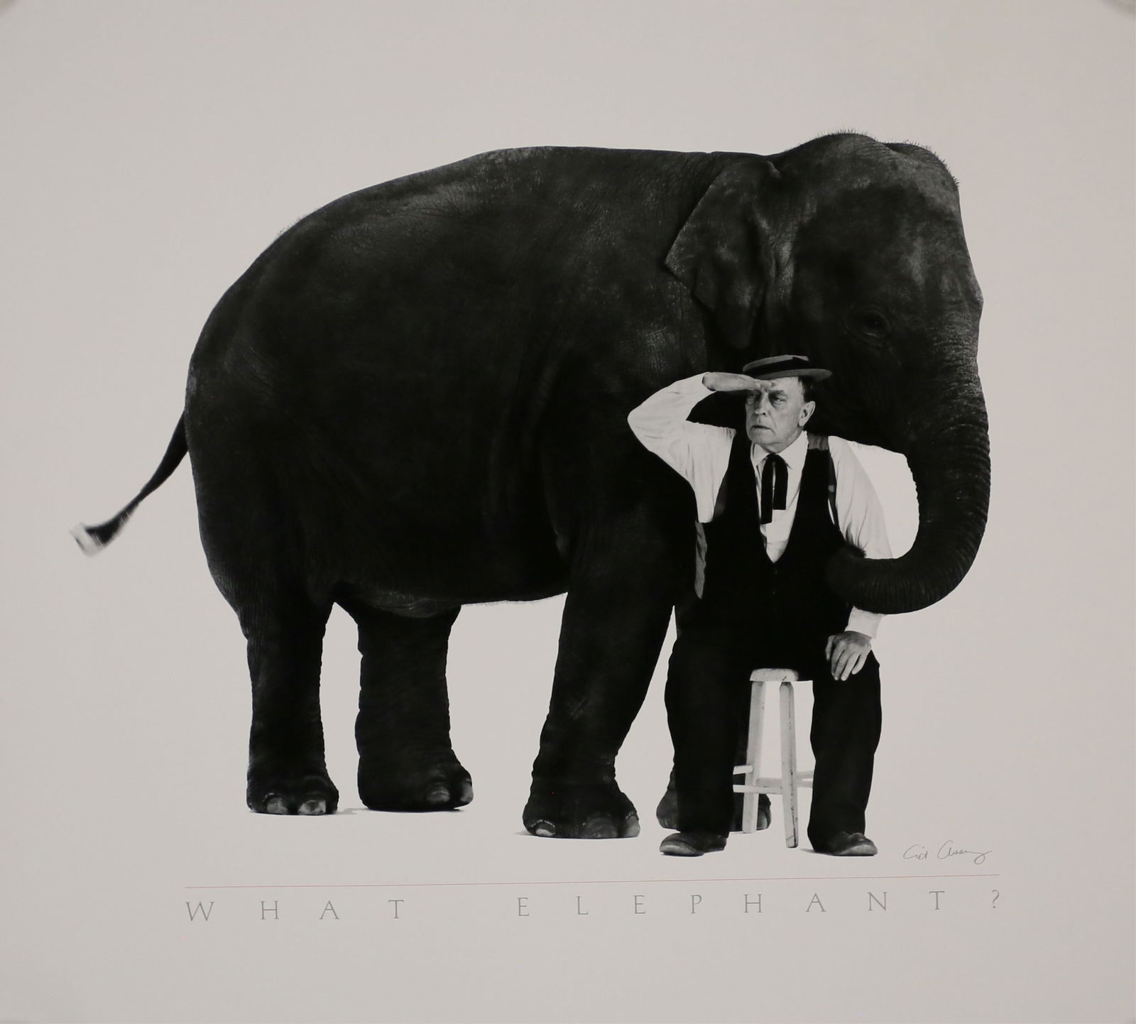 Signed Sid Avery Offset Lithograph What Elephant: Sid Avery (American, 1918-2002). Offset lithograph print of Buster Keaton, What Elephant? Signed in the plate and pencil signed and dated 1964 lower right. 20" x 22". Unframed. Stored rolled. From the